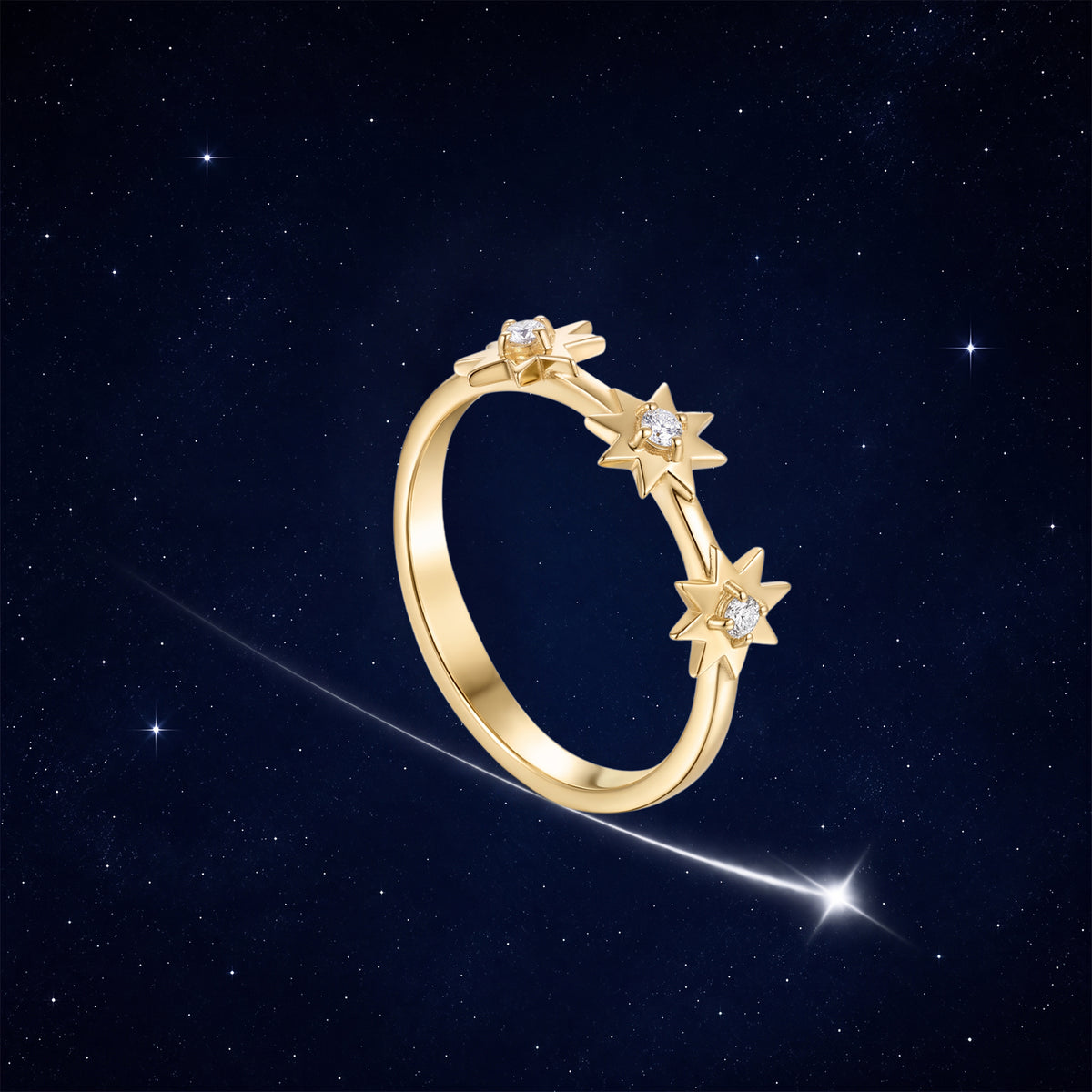 Astria Diamond Three-Star Ring with Center Diamonds set in 14k Gold