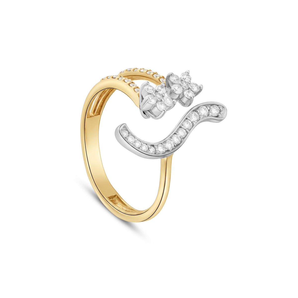 18K Yellow Gold modern curved ring with sparkling diamond clusters - S-R450S
