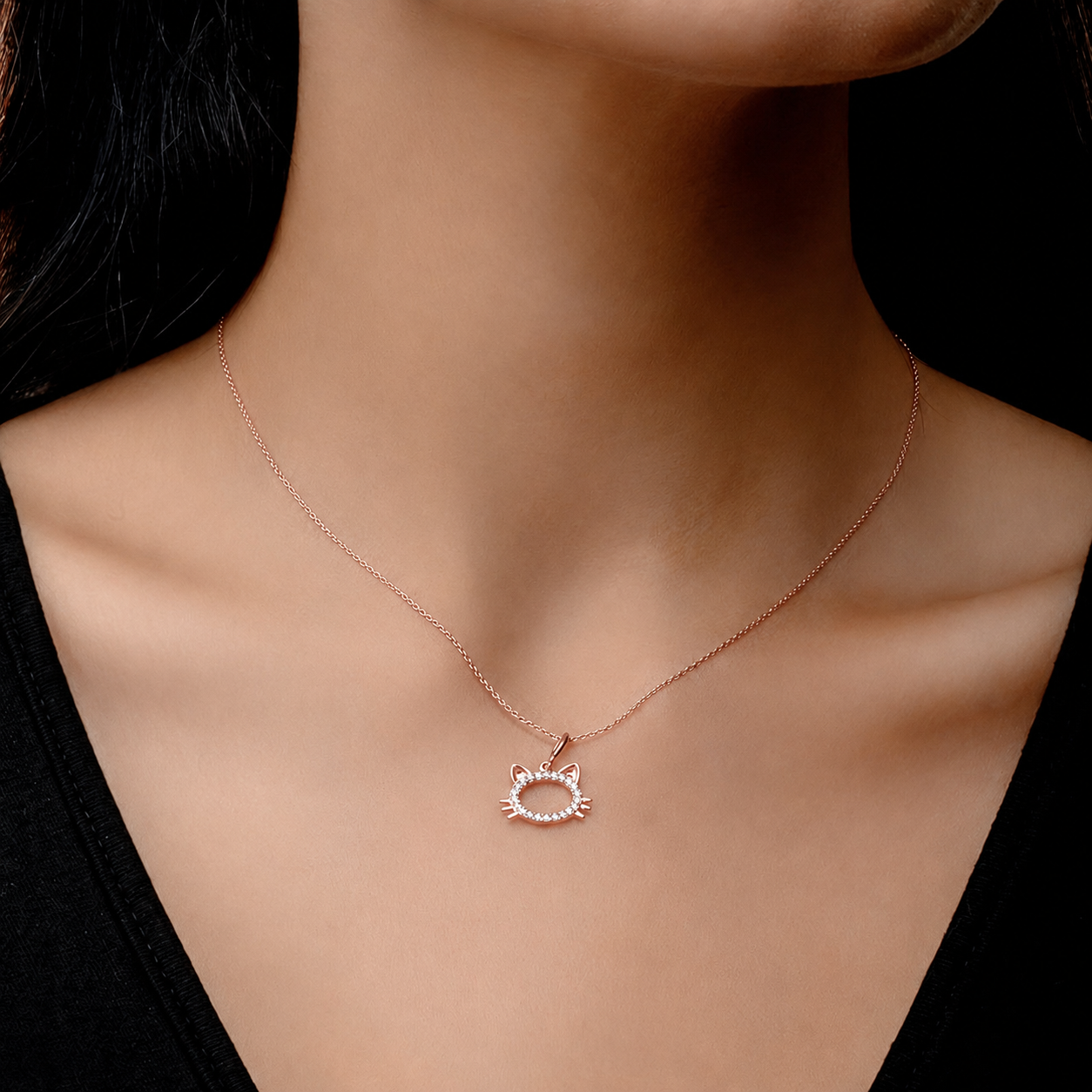 18K Rose Holo Cat Face For Kids Diamond Necklace - S-P475S