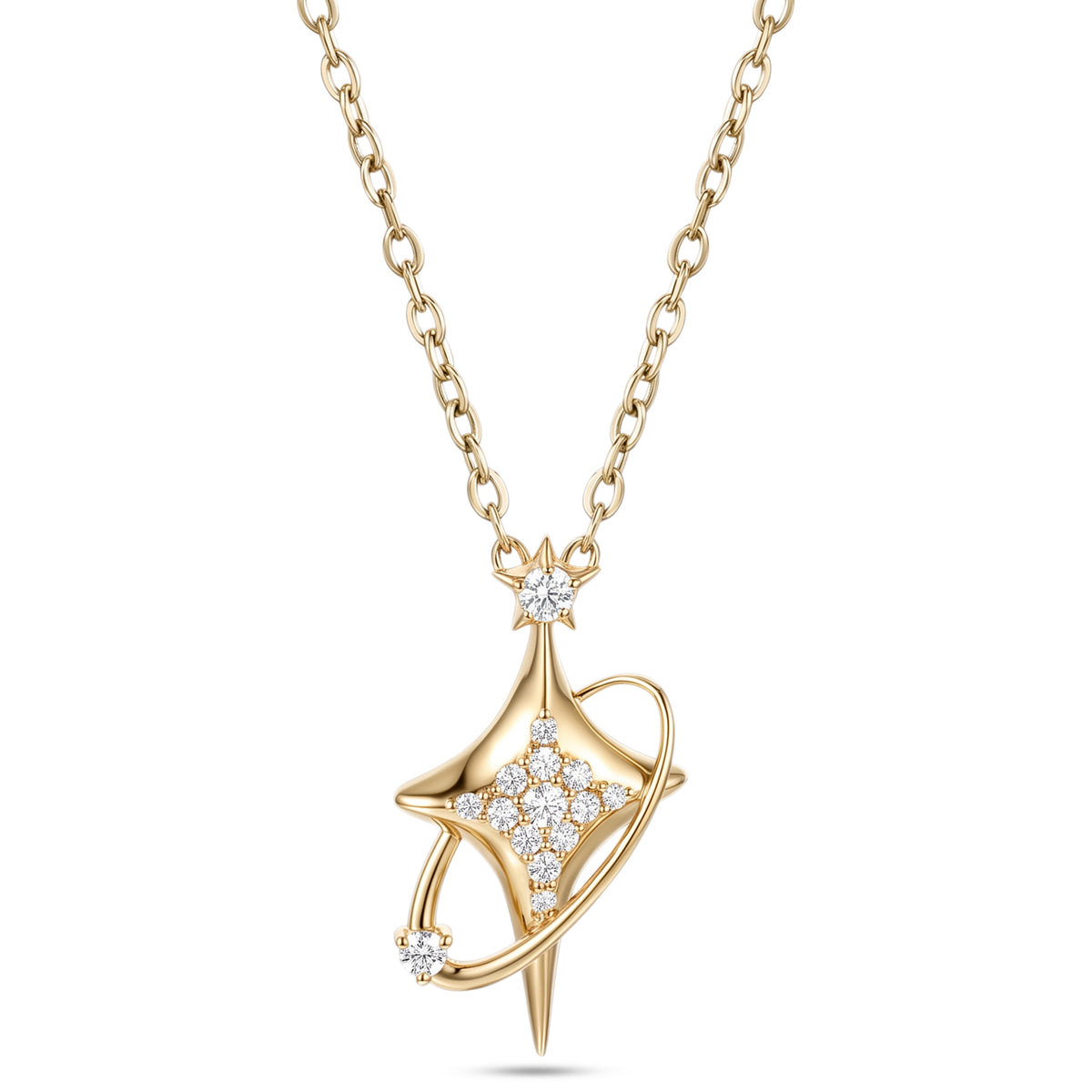 Astria 14K Gold North Star Pendant with Center Diamonds & Single Diamond Orbit