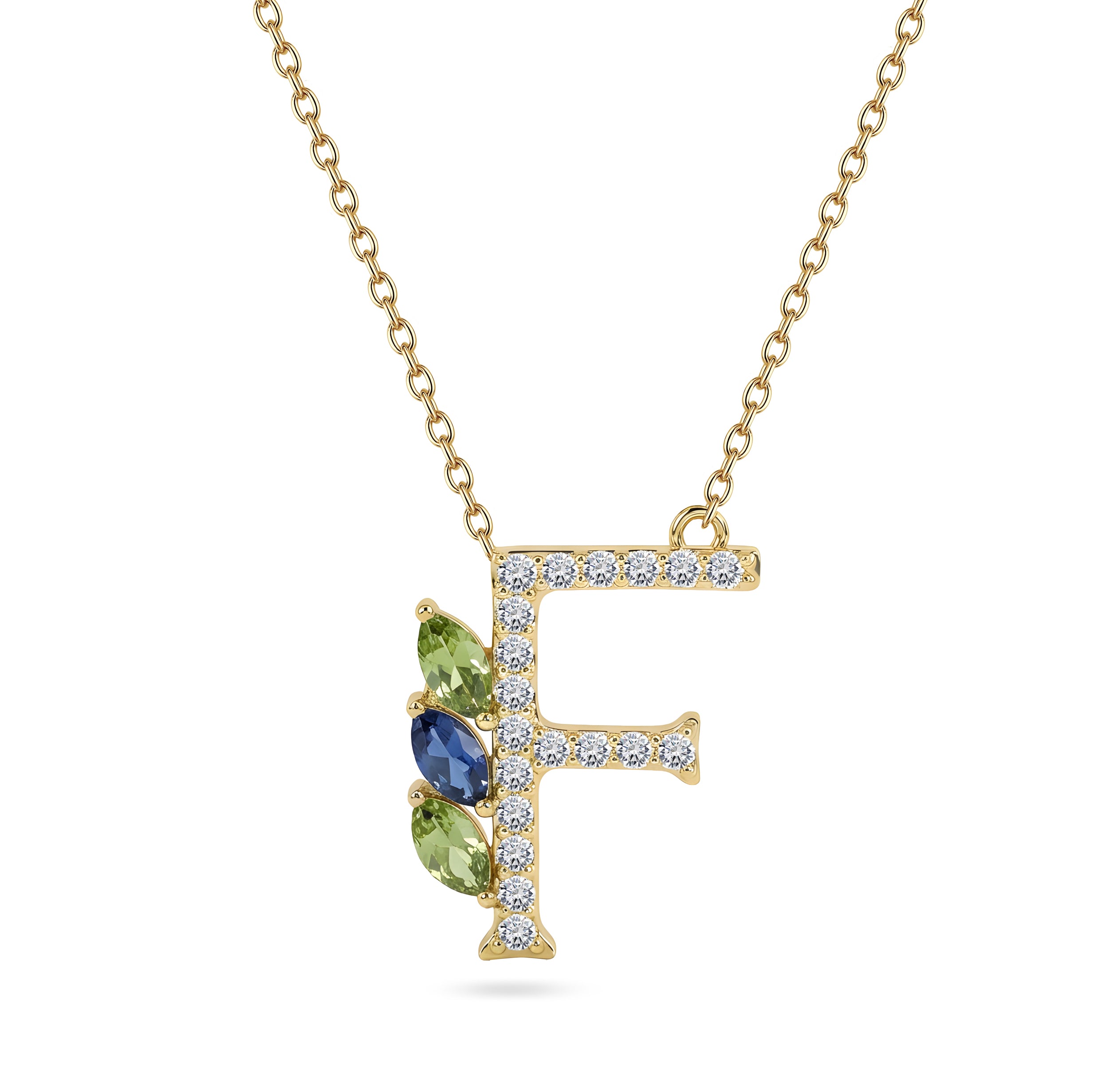 18K Yellow Gold Necklace English "F" Letter with Multicolor Stones - S-P664FS