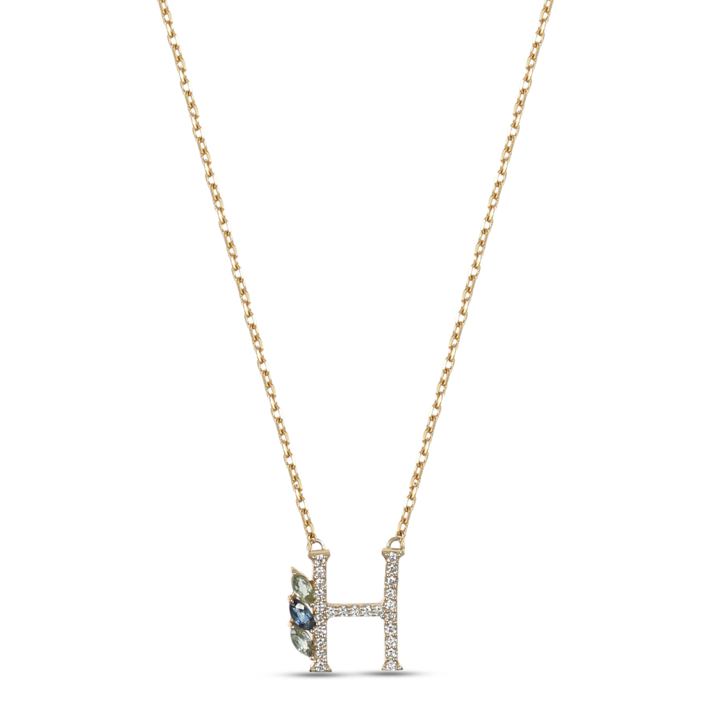 18K Yellow Gold Necklace English "H" Letter with Multicolor Stones - S-P664HS
