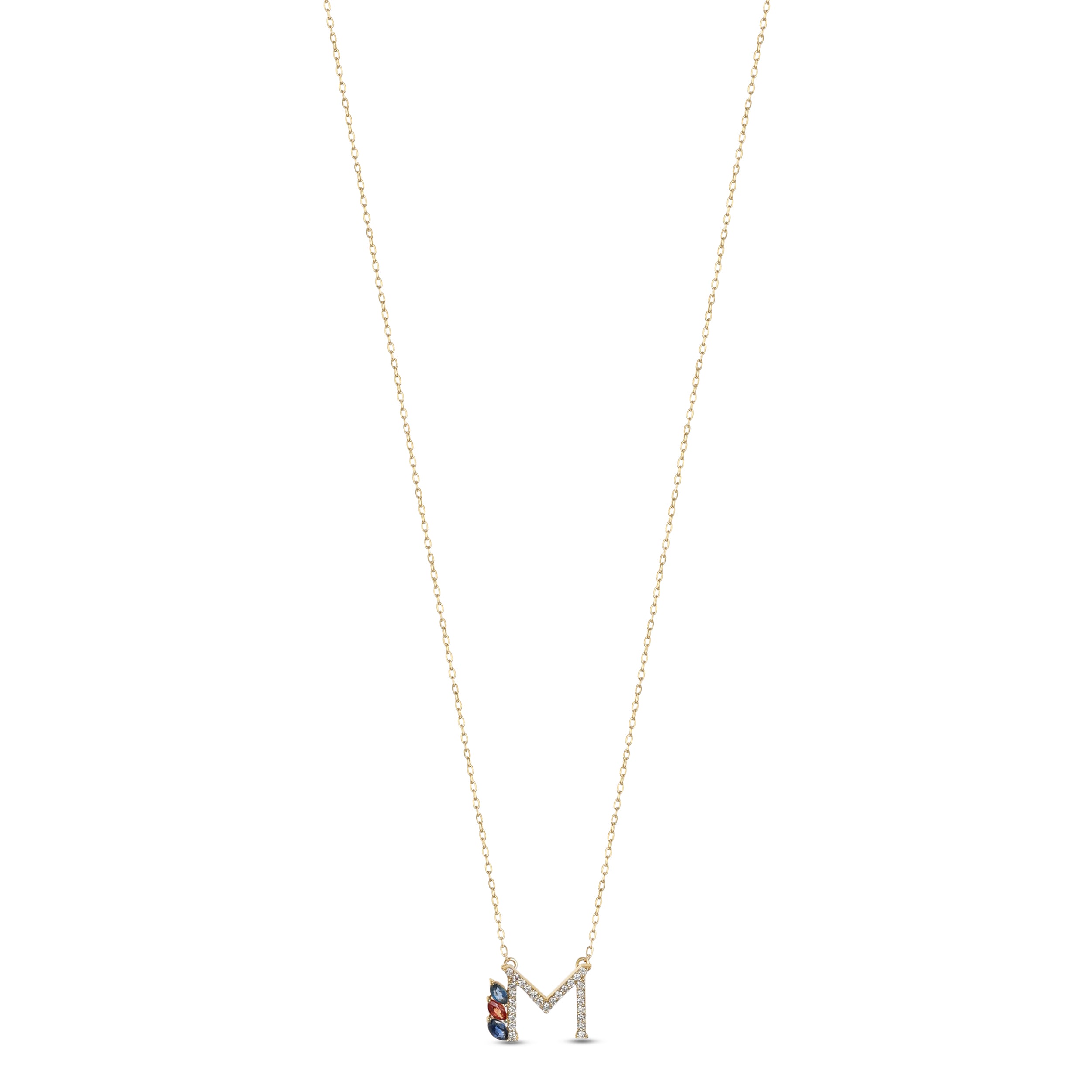 18K Yellow Gold Necklace English "M" Letter with Multicolor Stones - S-P664MS