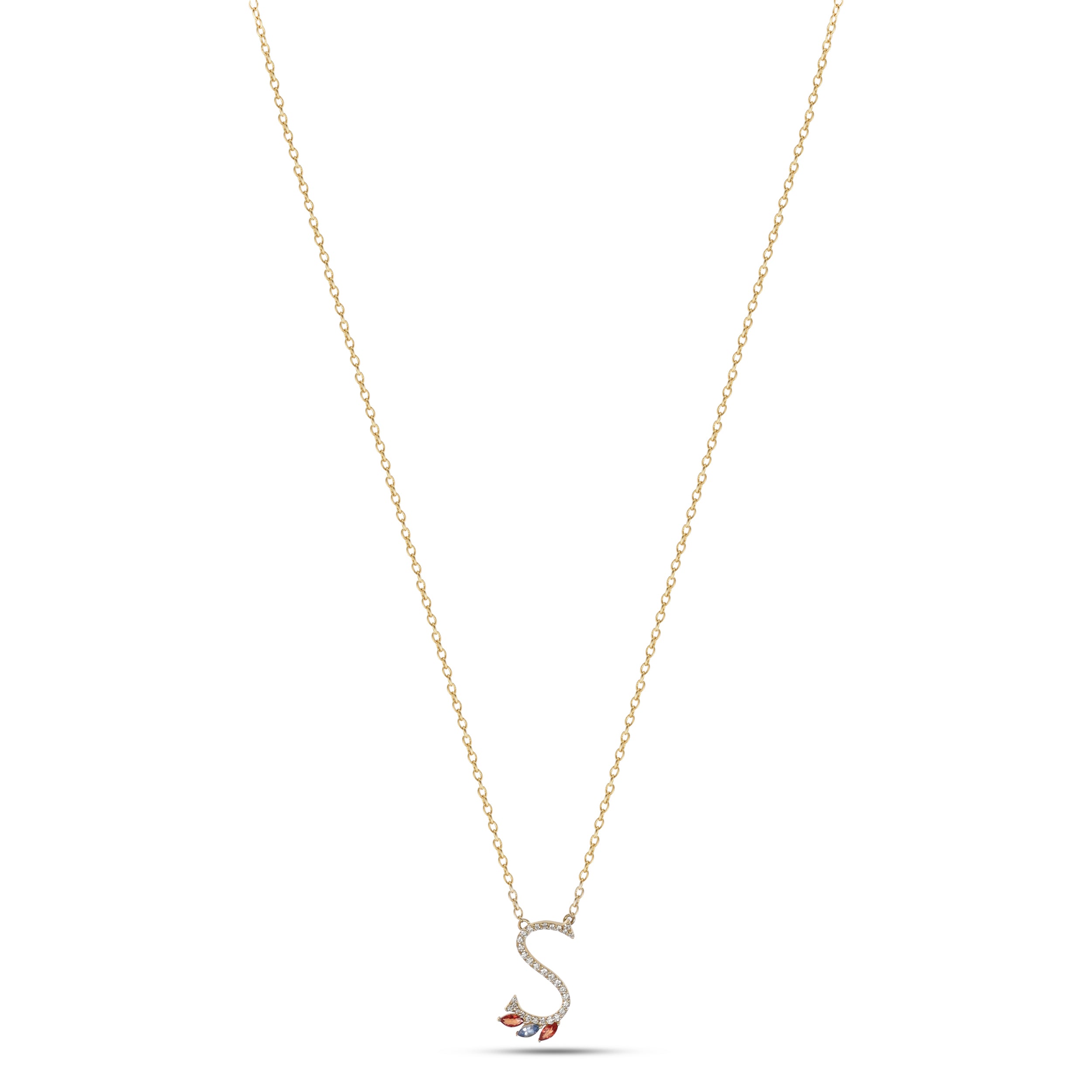 18K Yellow Gold Necklace English "S" Letter with Multicolor Stones - S-P664SS