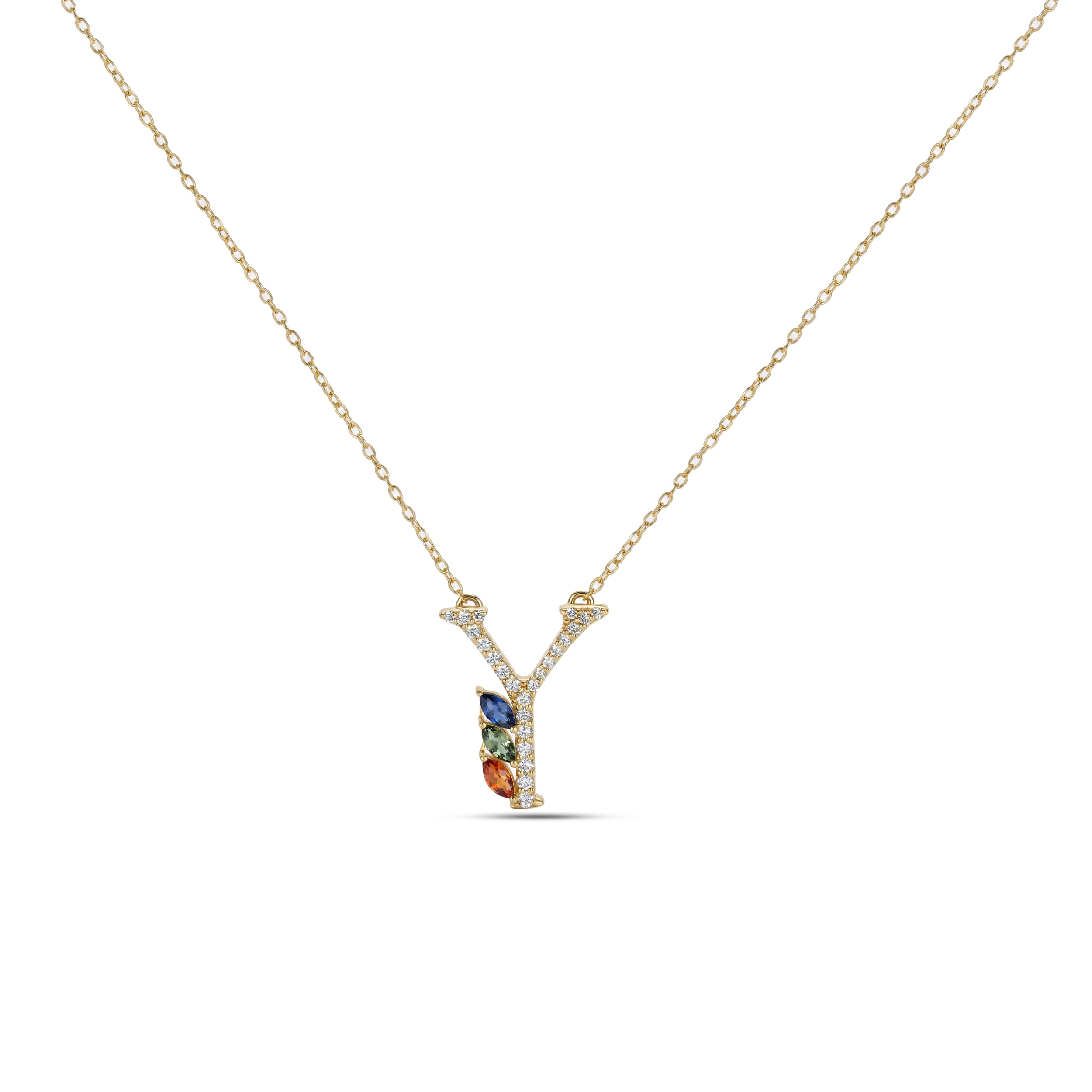 18K Yellow Gold Necklace English "Y" Letter with Multicolor Stones - S-P664YS