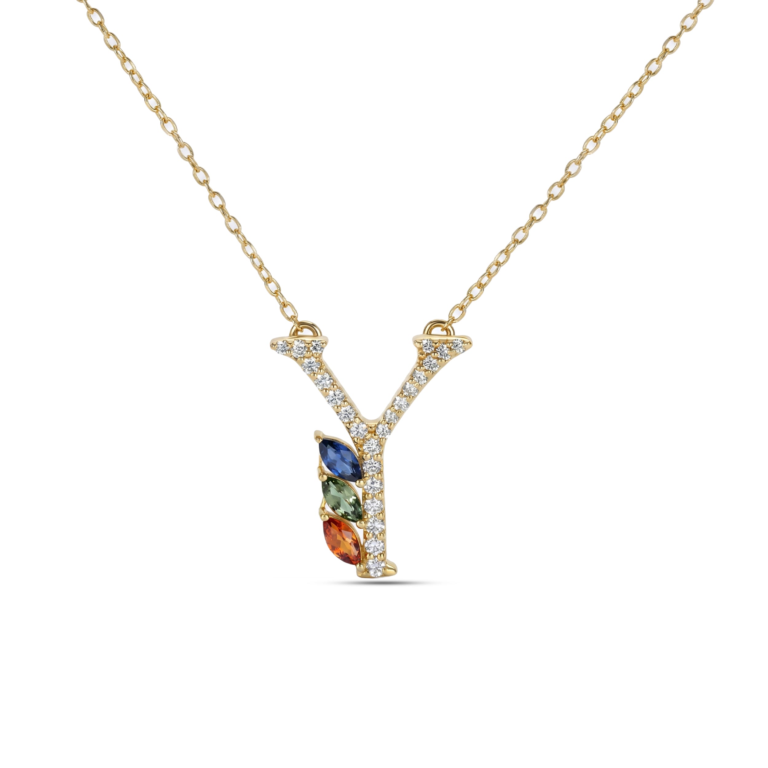 18K Yellow Gold Necklace English "Y" Letter with Multicolor Stones - S-P664YS