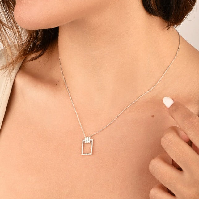 Classic Summer dangling Diamond Square Necklace in 18k White Gold S-P387S