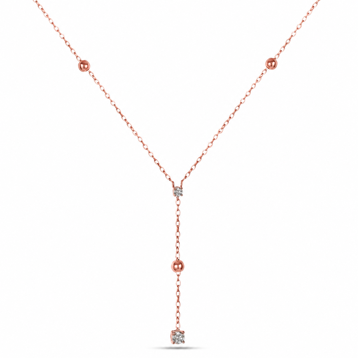 Delicate 18K Rose Gold Beaded Diamond Drop Necklace - S-P640S