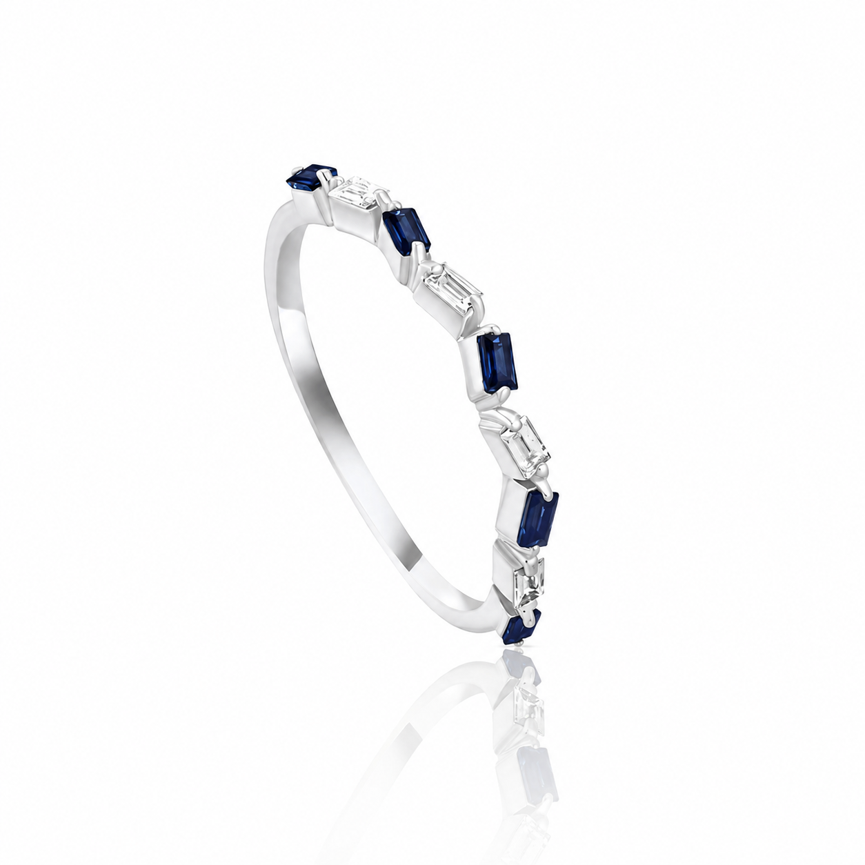 Special offer Irregular Shaped Baguette and Sapphire Diamond Ring in 18K White Gold - mr-0102-r
