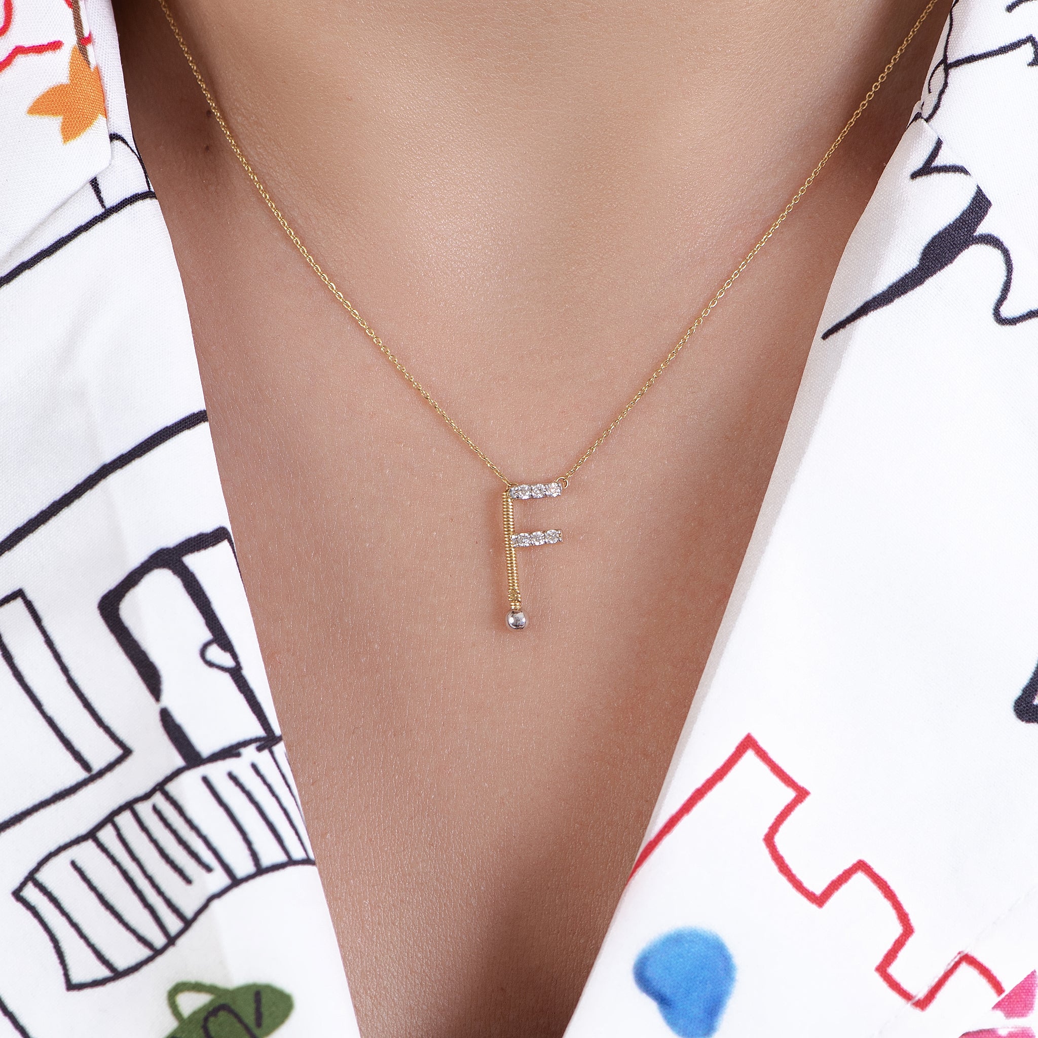 Letter F outstanding Diamond Necklace in Yellow 18K Gold - SIR1663P