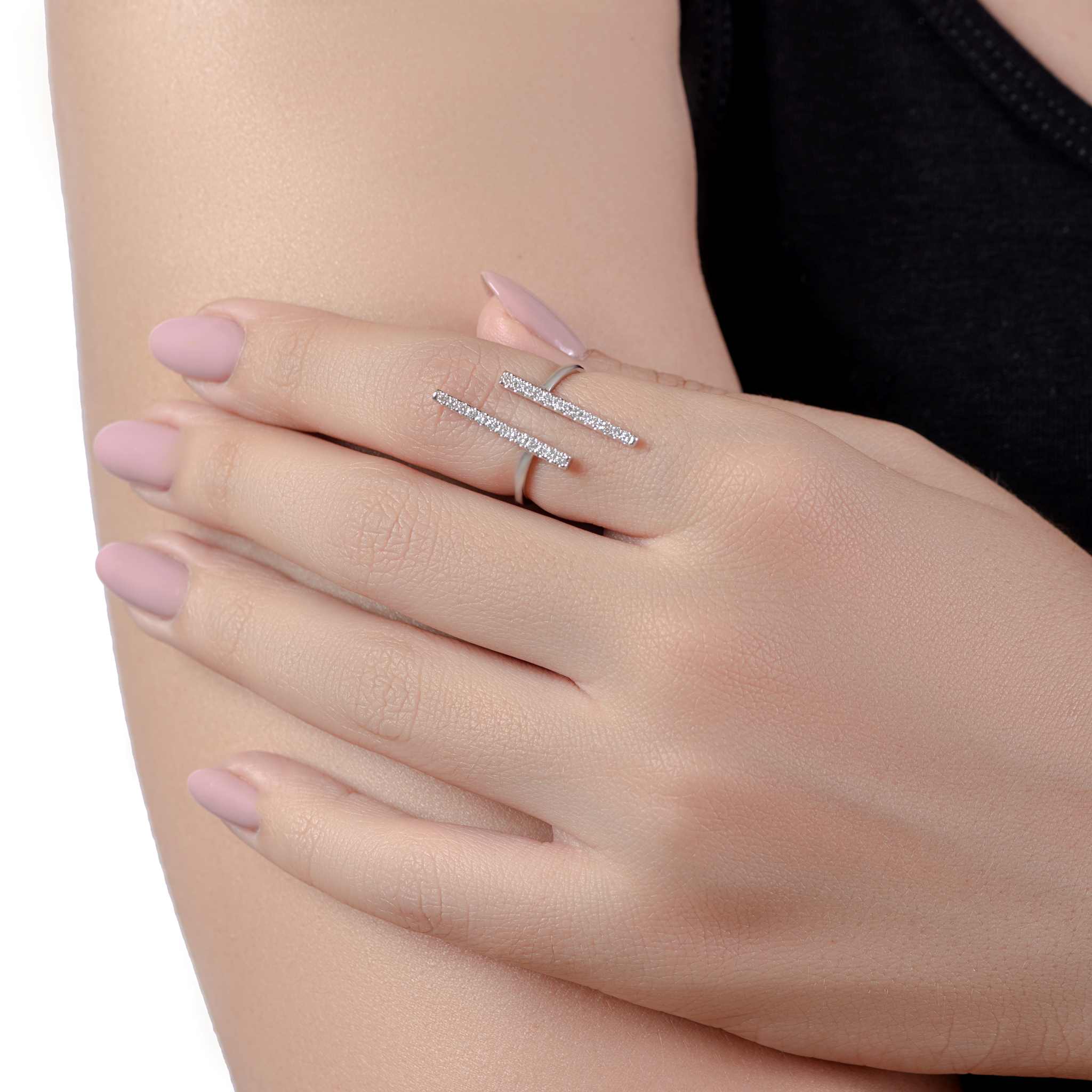 2 Diamond Opened Bars Ring in Rose 18K Gold - QR204