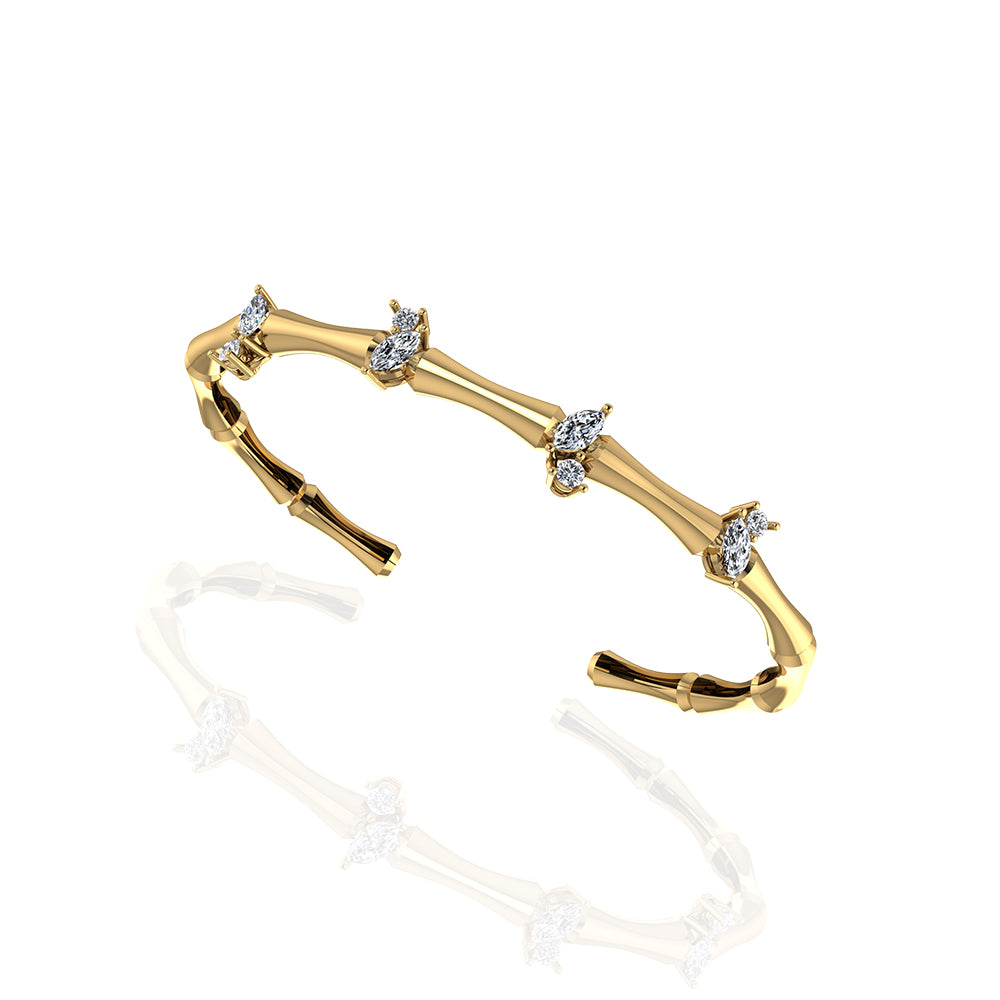 18K Gold Bamboo Stalk Stackable Bangle with Marquise Diamonds - S