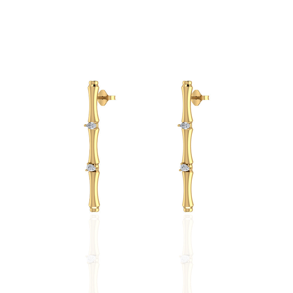 18k Yellow Gold Single Bamboo Stalk Earrings with Marquise Diamonds - S-E279S