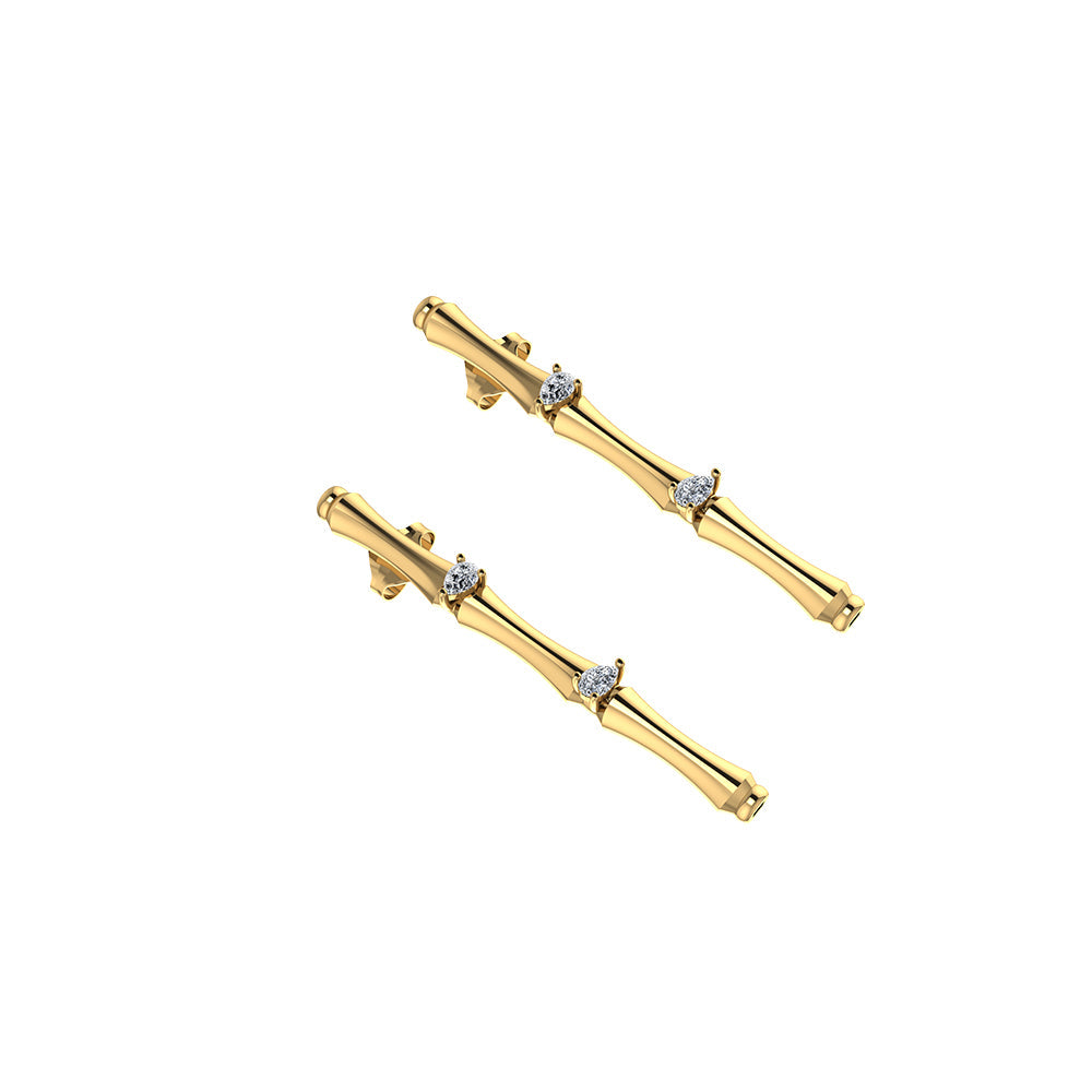 18k Yellow Gold Single Bamboo Stalk Earrings with Marquise Diamonds - S-E279S