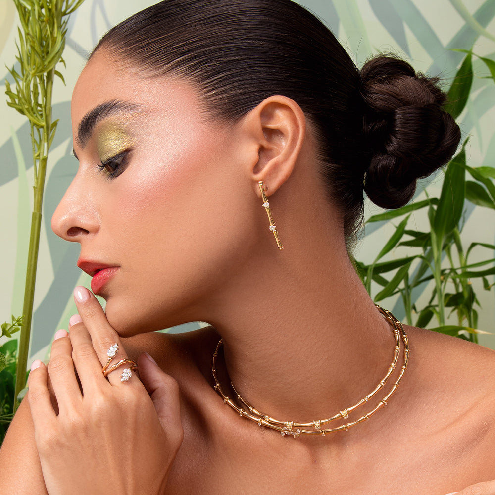 18k Yellow Gold Single Bamboo Stalk Earrings with Marquise Diamonds - S-E279S