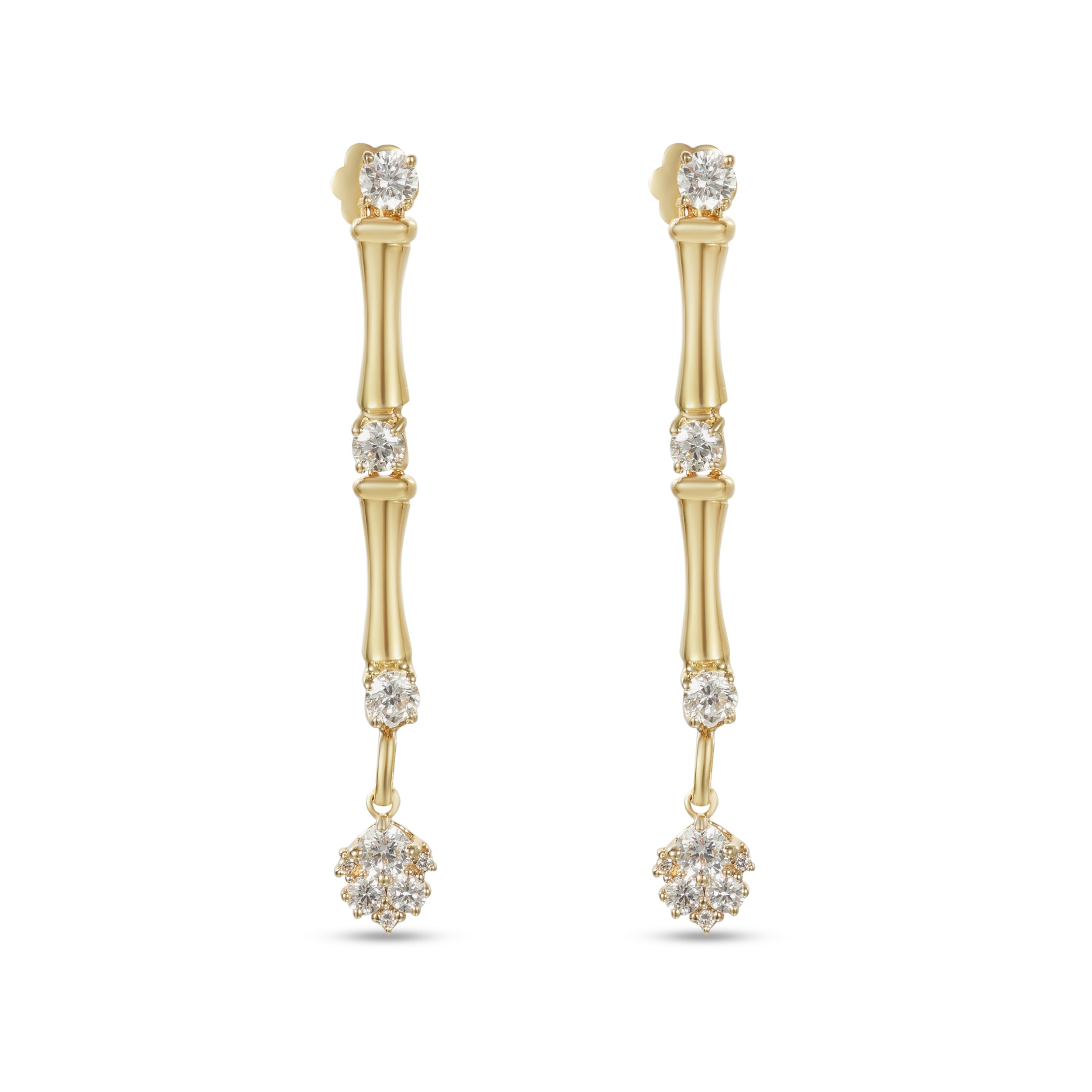 18K Yellow Gold Dangling Bamboo Stalk Earrings with Diamonds - S-E318S