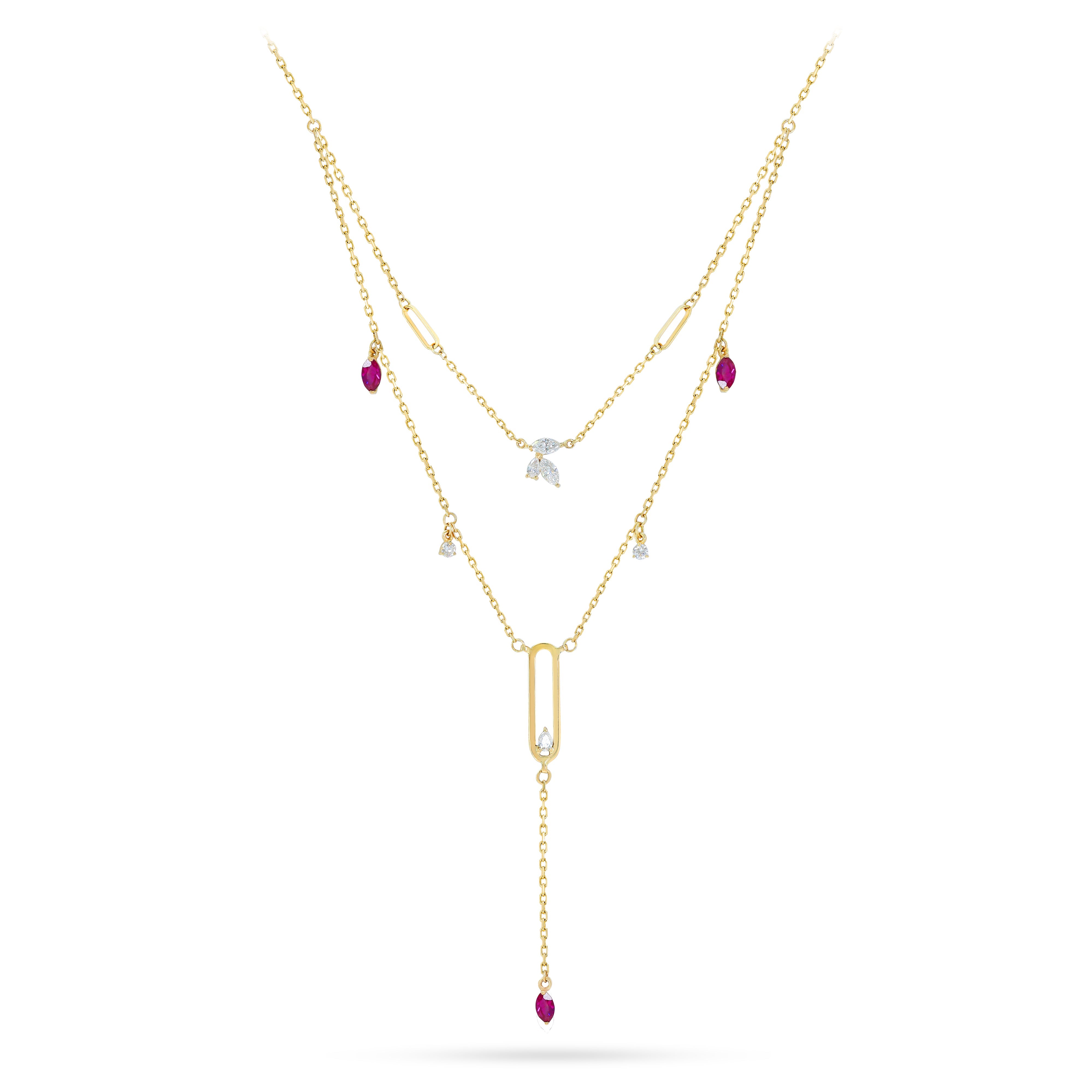 Clip Diamond Double Layered Magnificent Necklace with Ruby Stones - S-P461SON