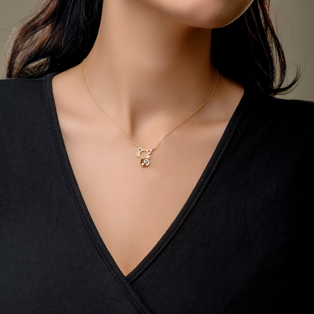 18K Yellow Holo Cat For Kids Diamond Necklace - S-P478S