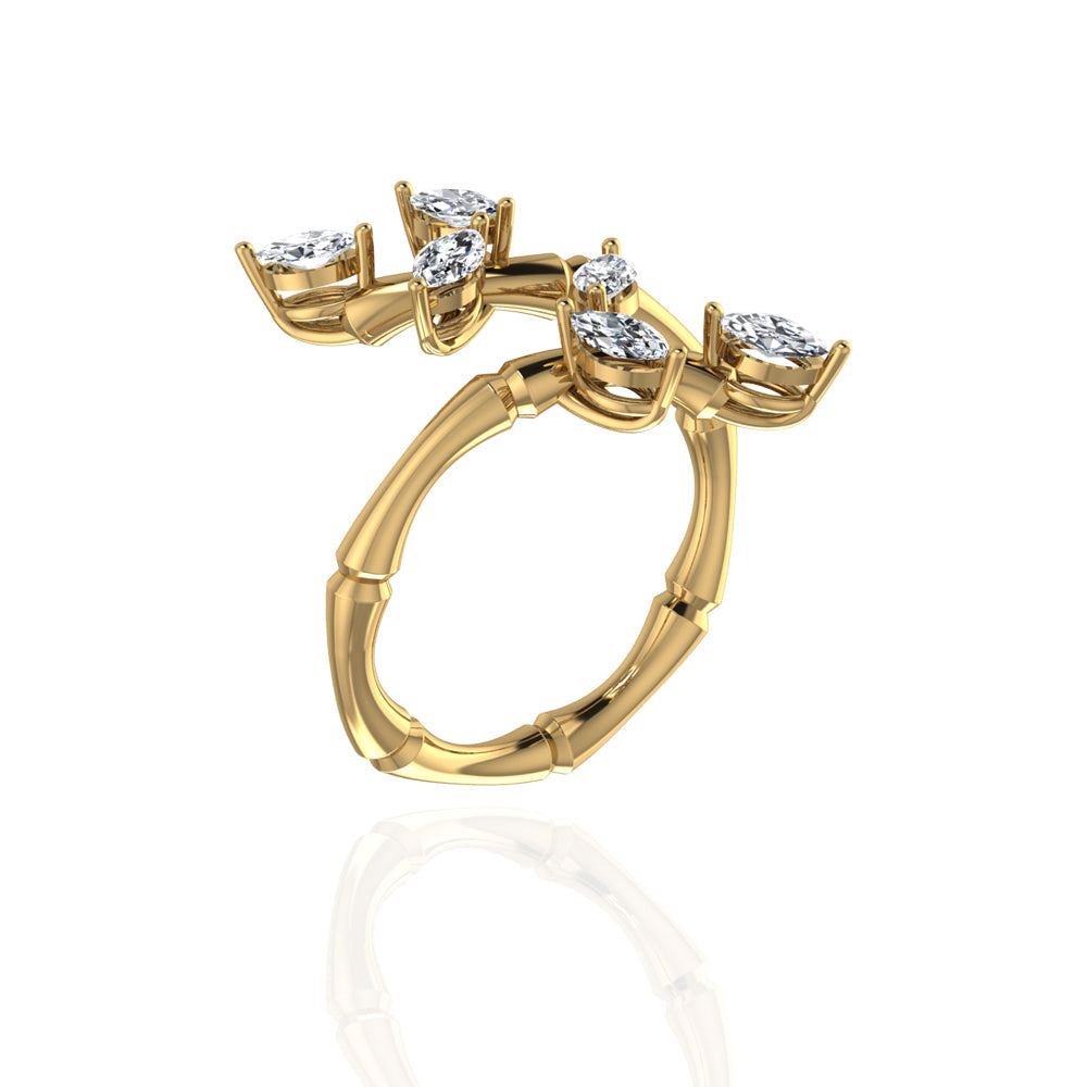 18k Yellow Gold Diamond Lucky Curled Ring with Marquise Leaf Shape, Long - S-R320SB