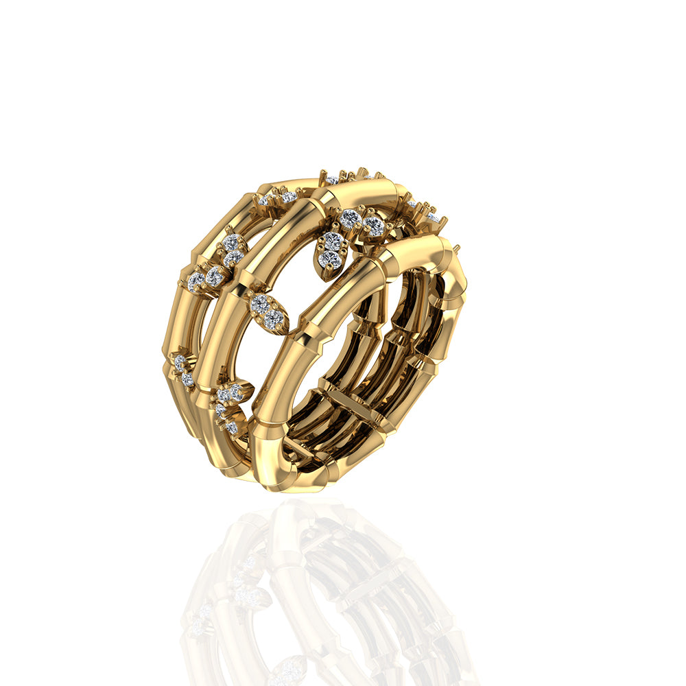 18k-yellow-gold-triple-layer-bamboo-ring-with-leafy-marquise-diamond-s-r377sc-Siran-by-iram-jewelry