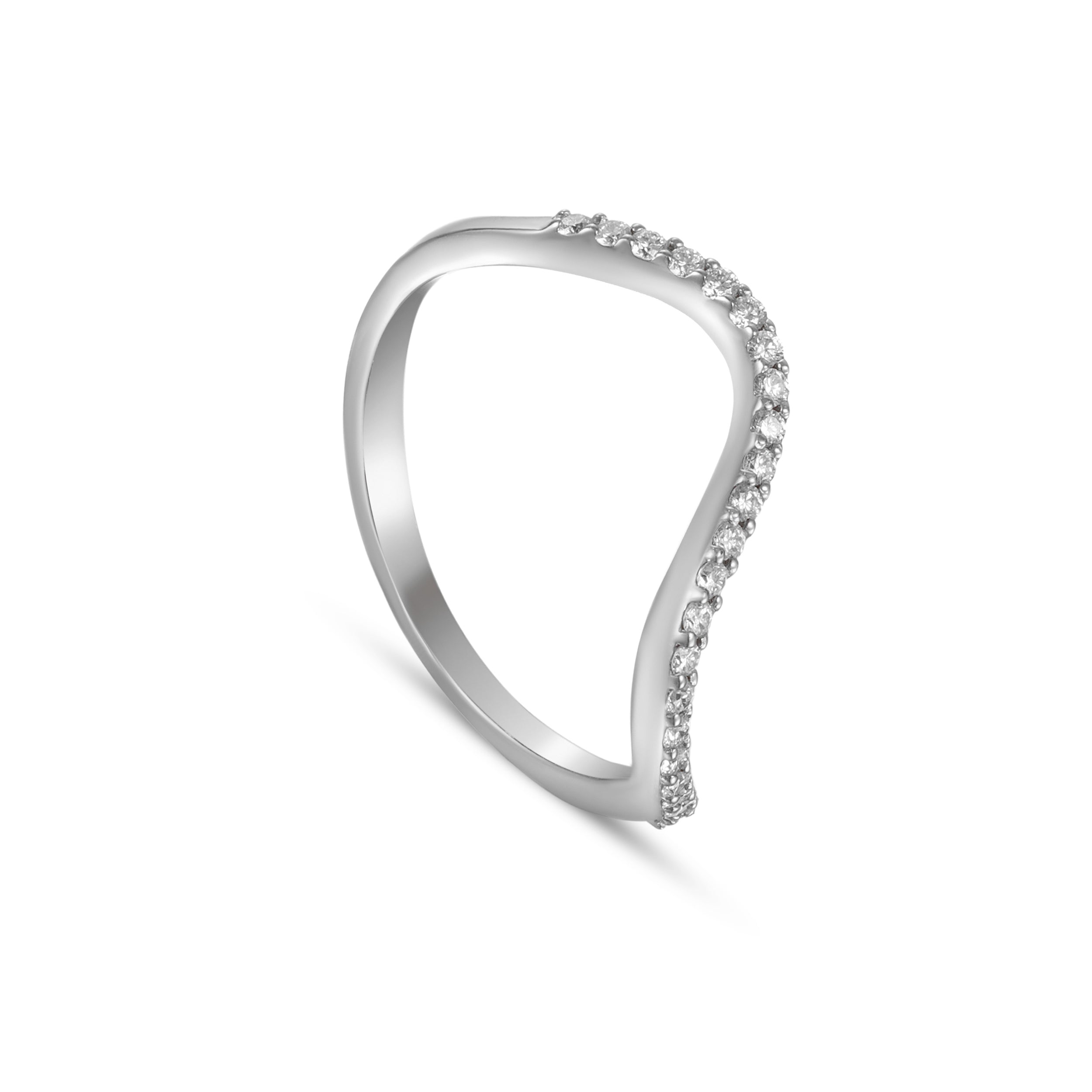 18K White Gold Diamond Ring With Curved Modern Design - S-R589S