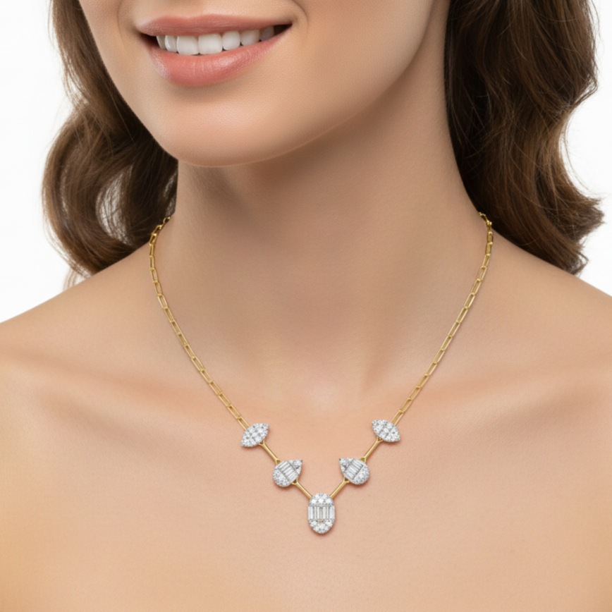 Woman wearing a gold necklace with diamond pendants - Siran By Iram