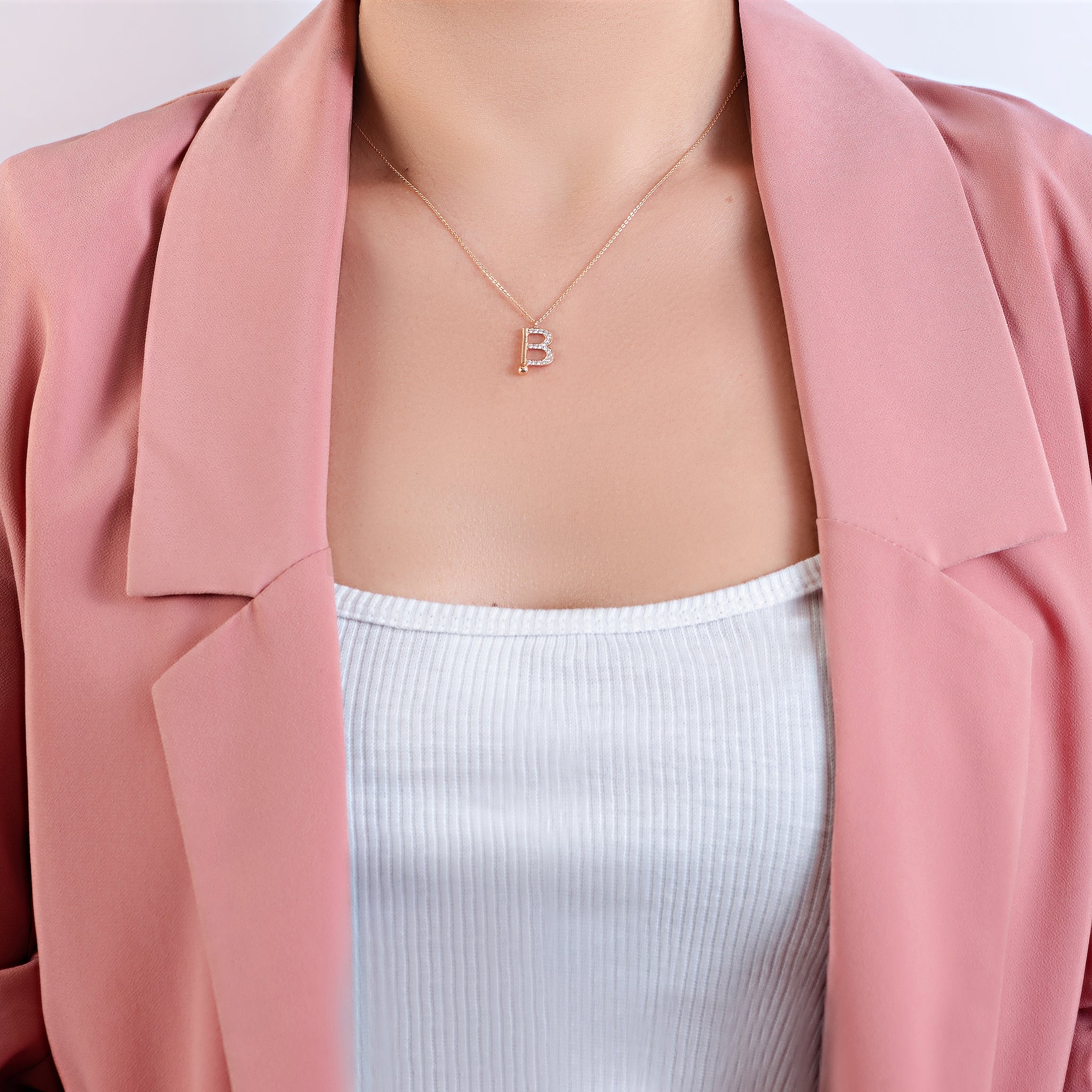 Shiny Letter B Gold and Diamond Necklace in Rose 18 K Gold - SIR1661P