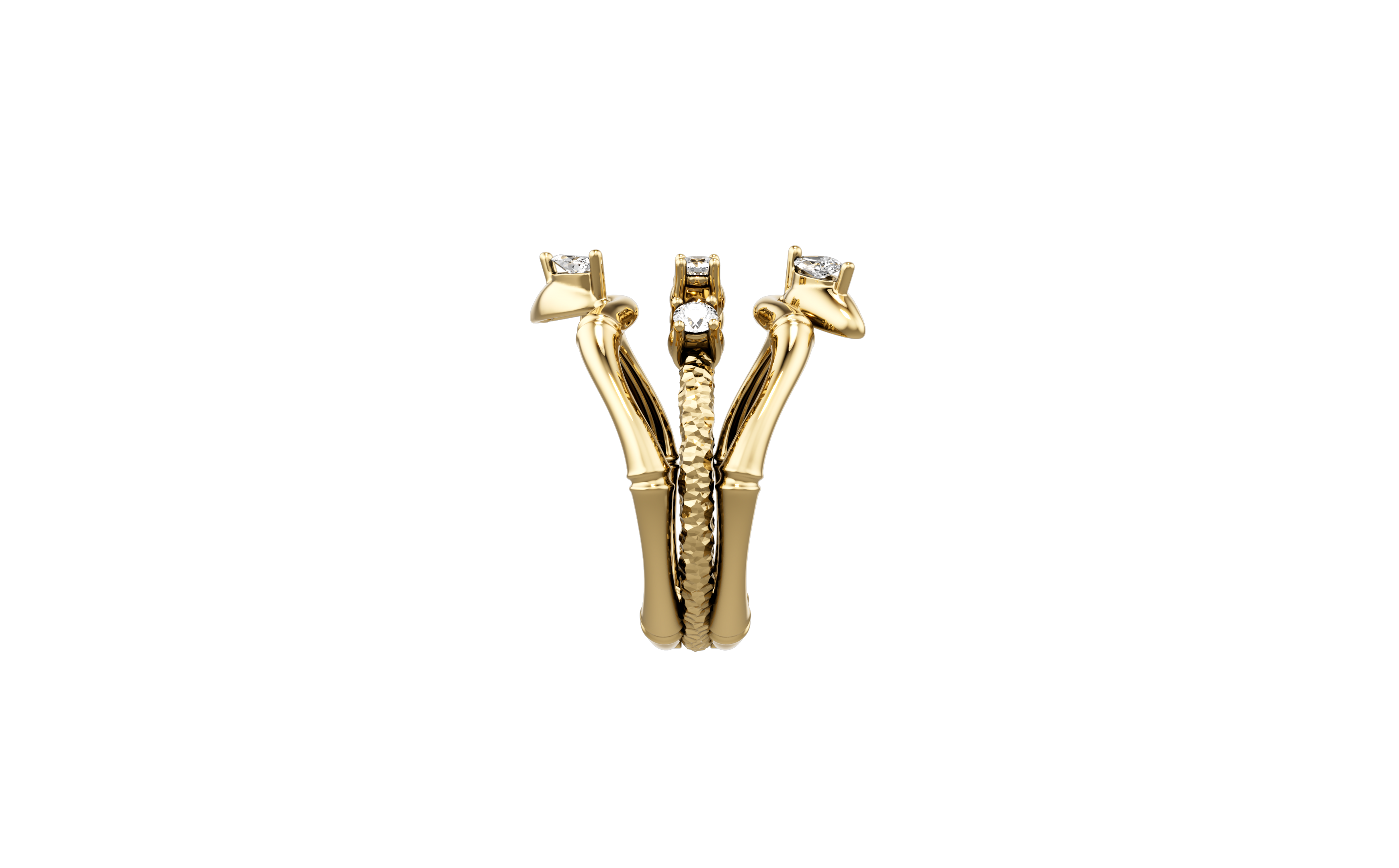 18K Yellow Gold Lucky Bamboo Triple Layer Ring with Diamond Accents - S-R459SB