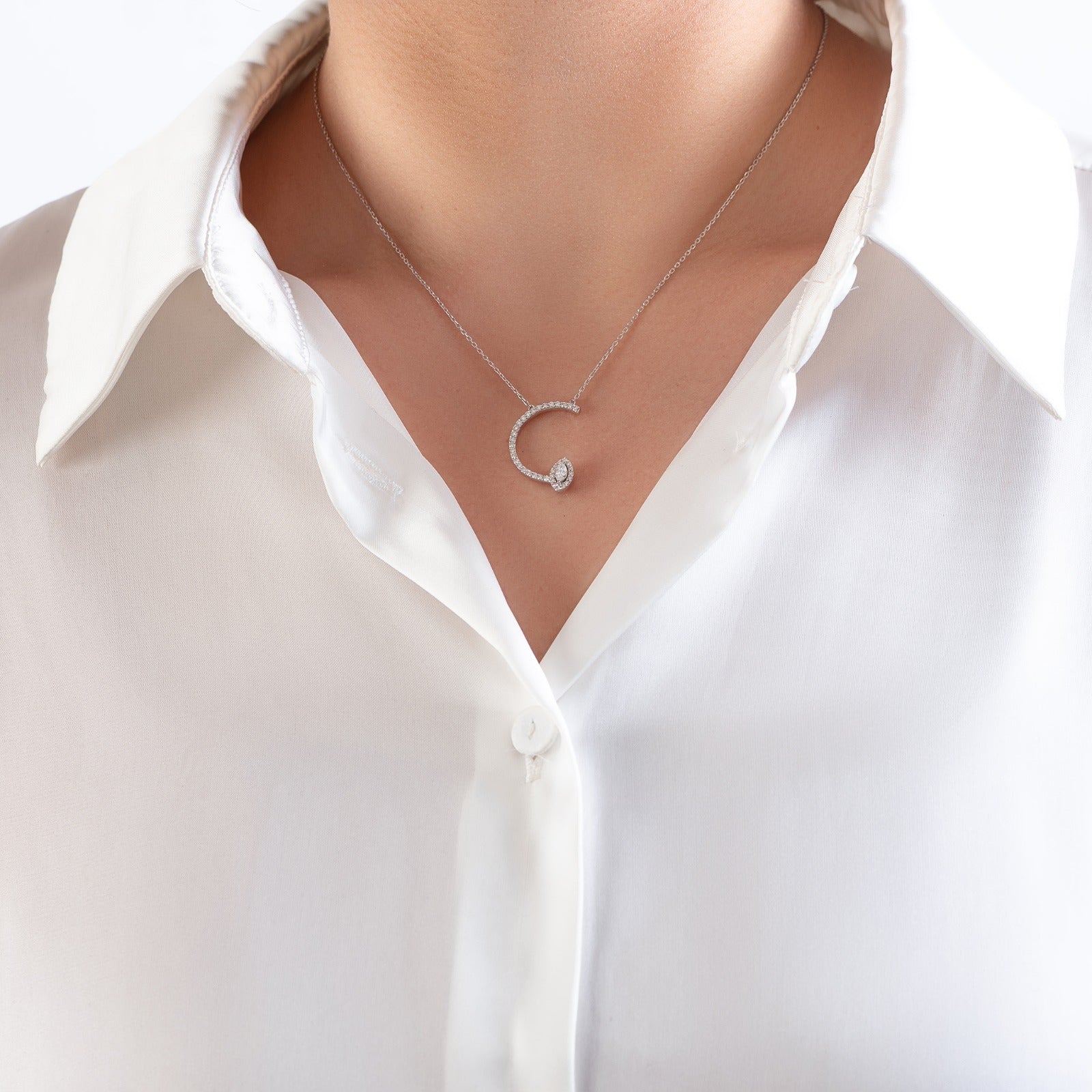 Diamond necklace on C shape in 18K White gold - SIR1115