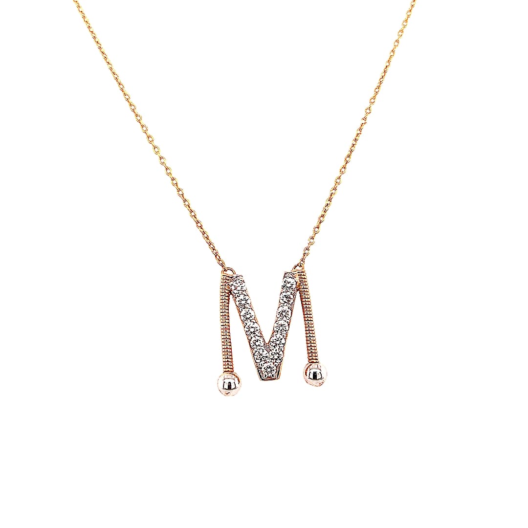 Shiny Letter M Gold and Diamond Necklace in Rose 18K Gold - S-P113