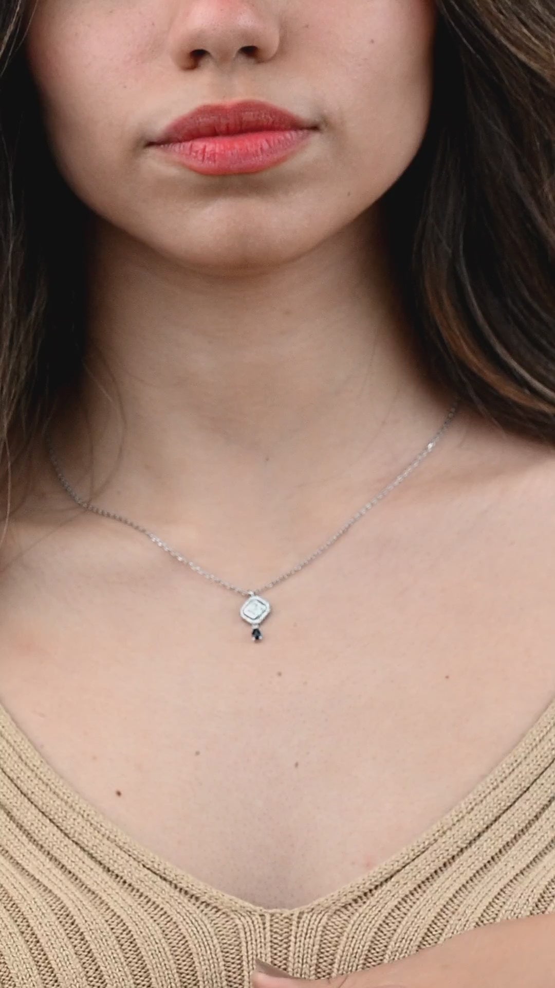 Dangling Baguette Pendant with Black Stone Diamond Necklace In 18k White gold - B-LINK237PO