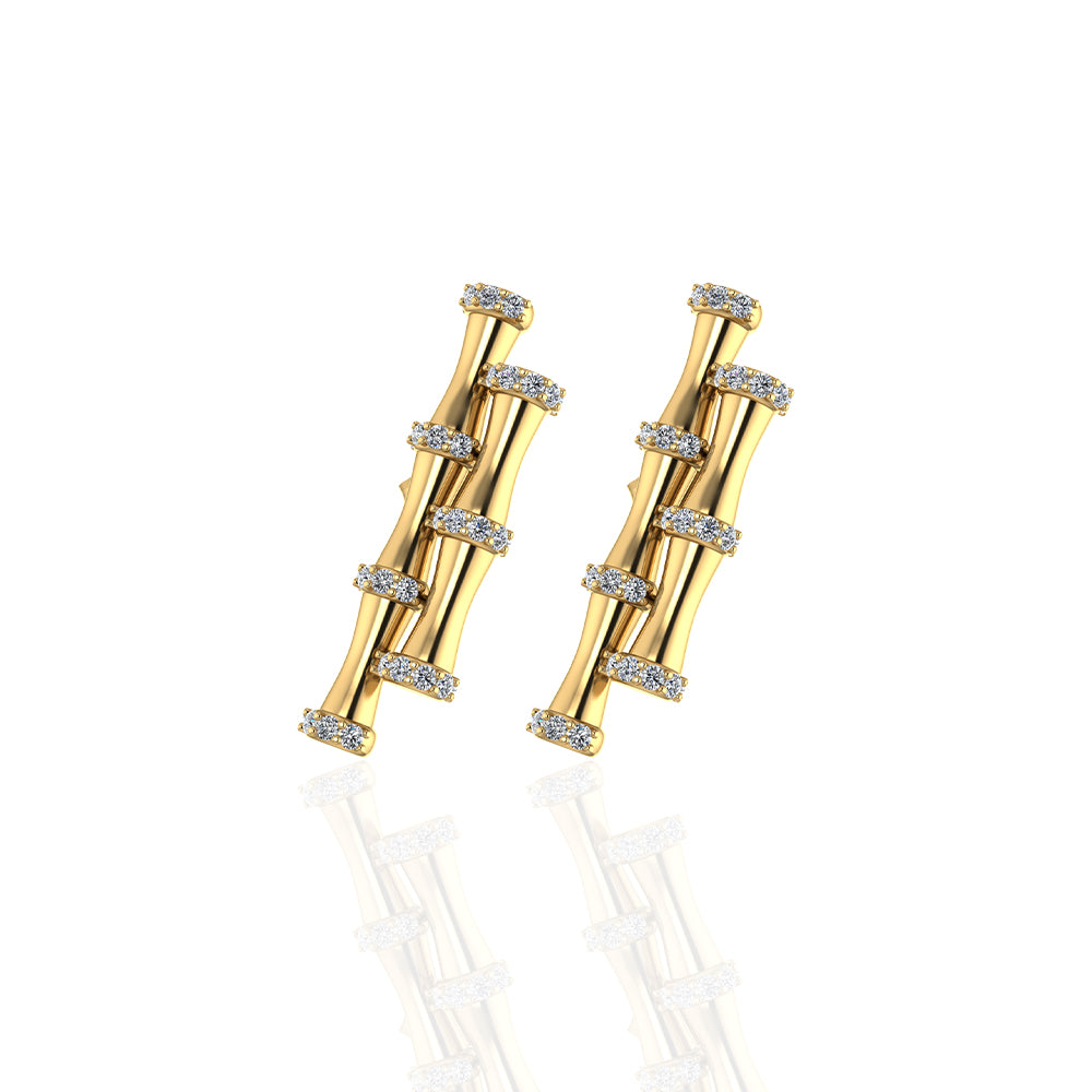 18K Yellow Gold Double Bamboo Stalk Earrings with Diamonds - s-e237s