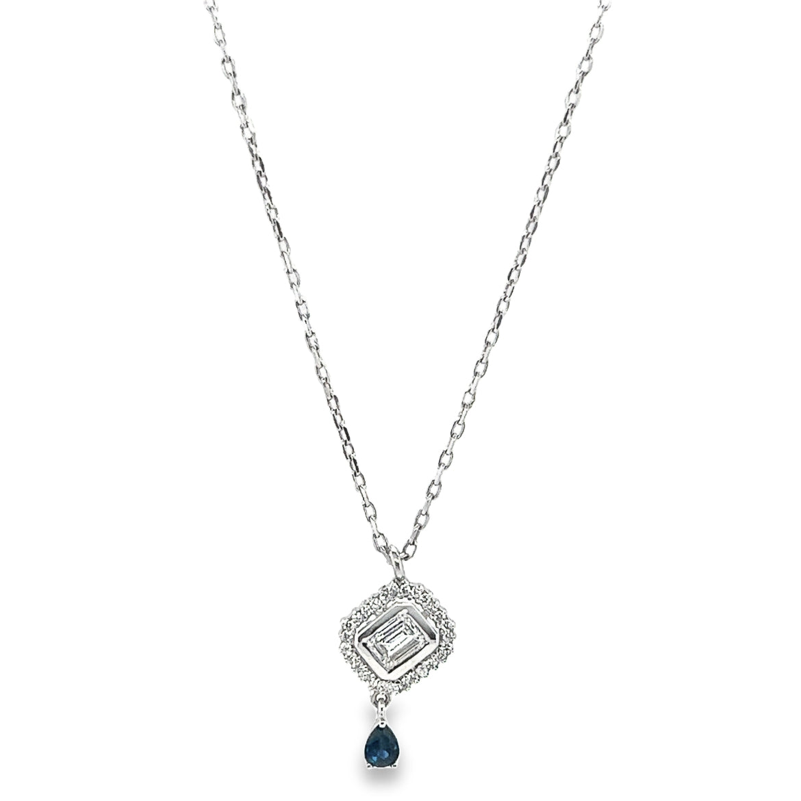 Dangling Baguette Pendant with Black Stone Diamond Necklace In 18k White gold - B-LINK237PO