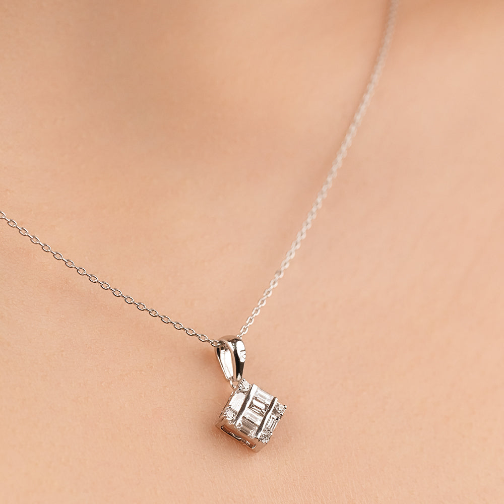 Dangling Baguette Pendant Diamond Necklace in 18k White gold - B-IPK404/J