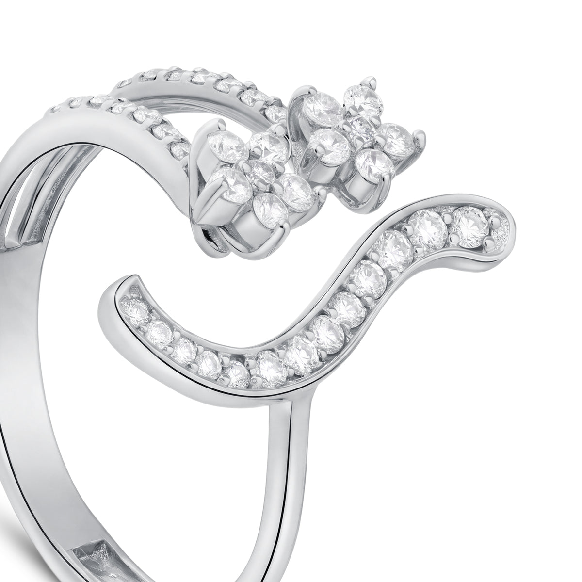 18K White Gold modern curved ring with sparkling diamond clusters - S-R450S