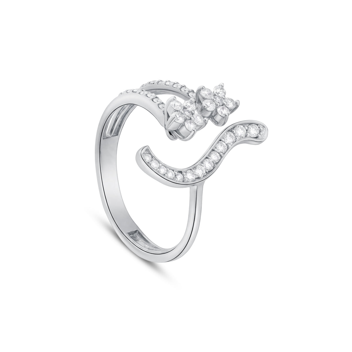 18K White Gold modern curved ring with sparkling diamond clusters - S-R450S