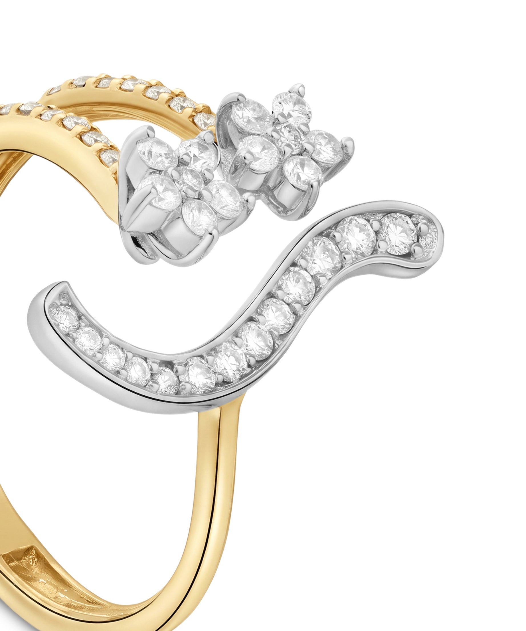 18K Yellow Gold modern curved ring with sparkling diamond clusters - S-R450S