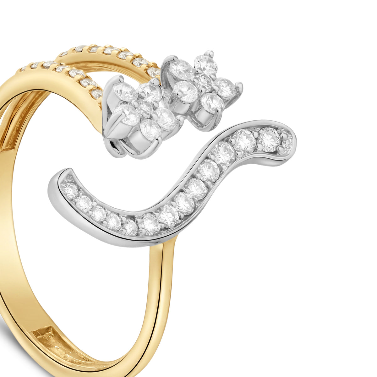 18K Yellow Gold modern curved ring with sparkling diamond clusters - S-R450S