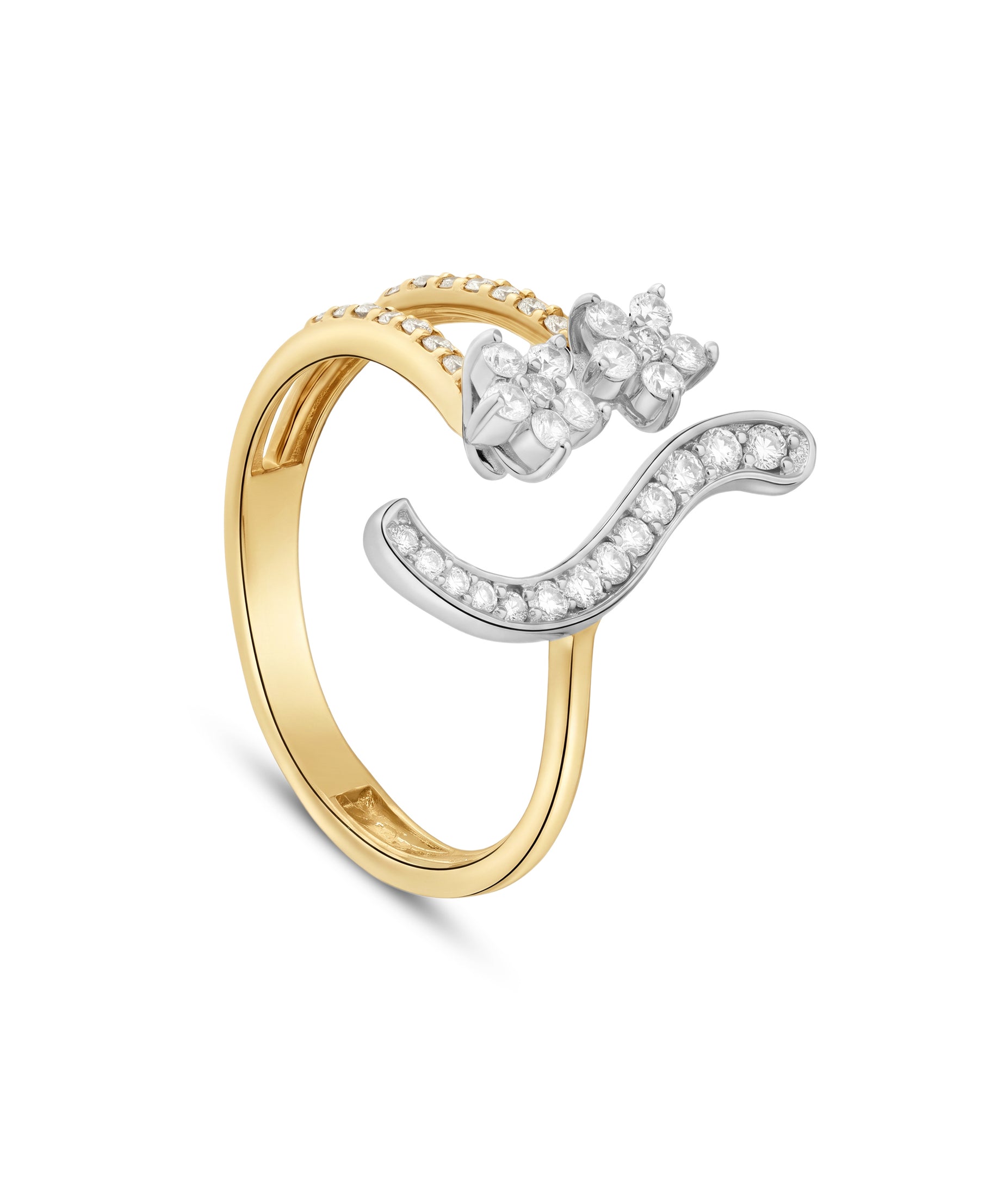 18K Yellow Gold modern curved ring with sparkling diamond clusters - S-R450S