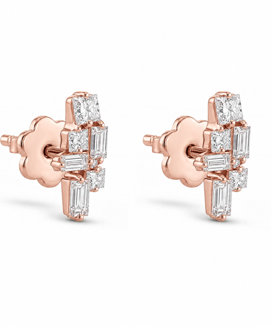 18K Rose Gold Minimal Stud Earrings With Luxury Diamond Details - S-E363S