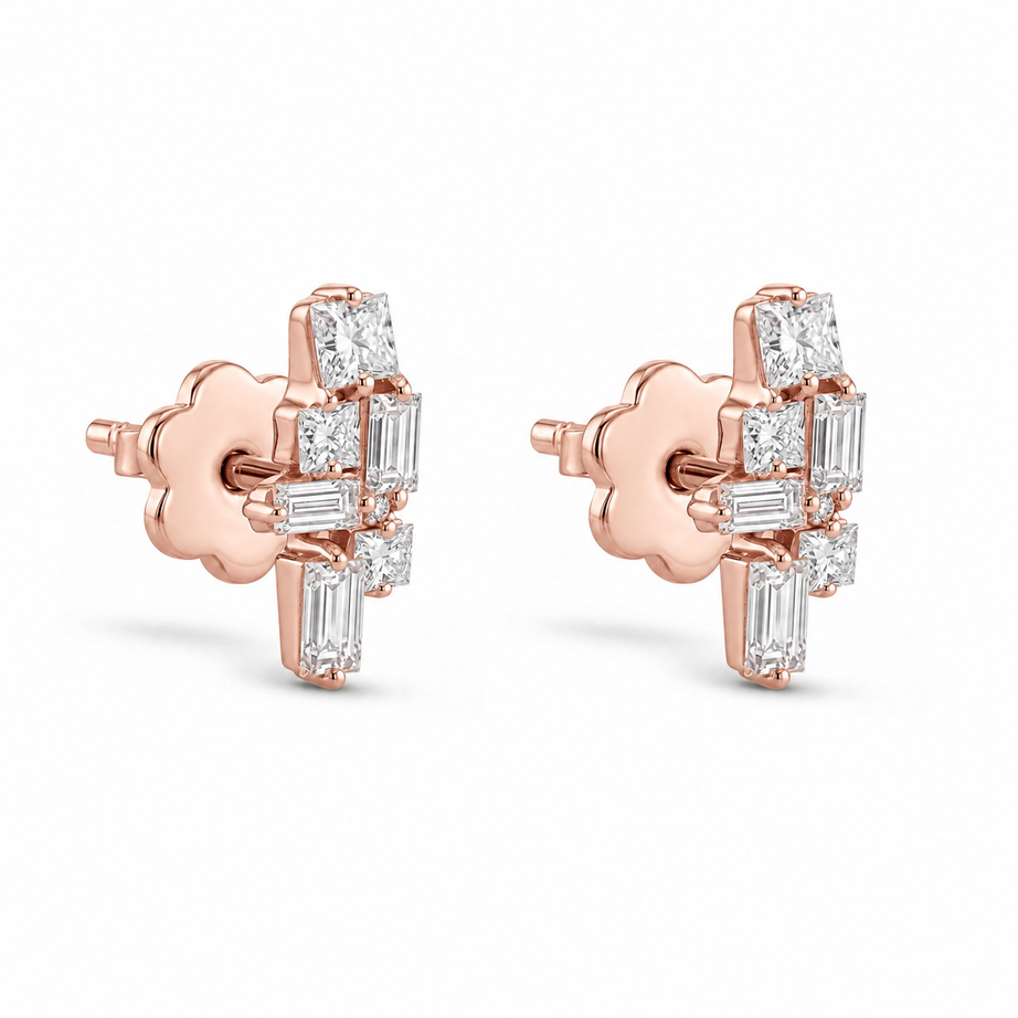 18K Rose Gold Minimal Stud Earrings With Luxury Diamond Details - S-E363S