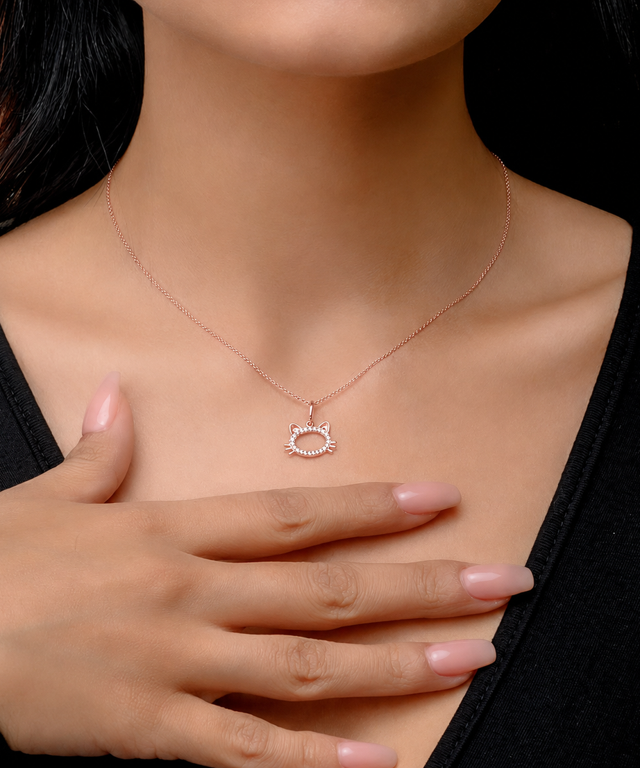 18K Rose Holo Cat Face For Kids Diamond Necklace - S-P475S