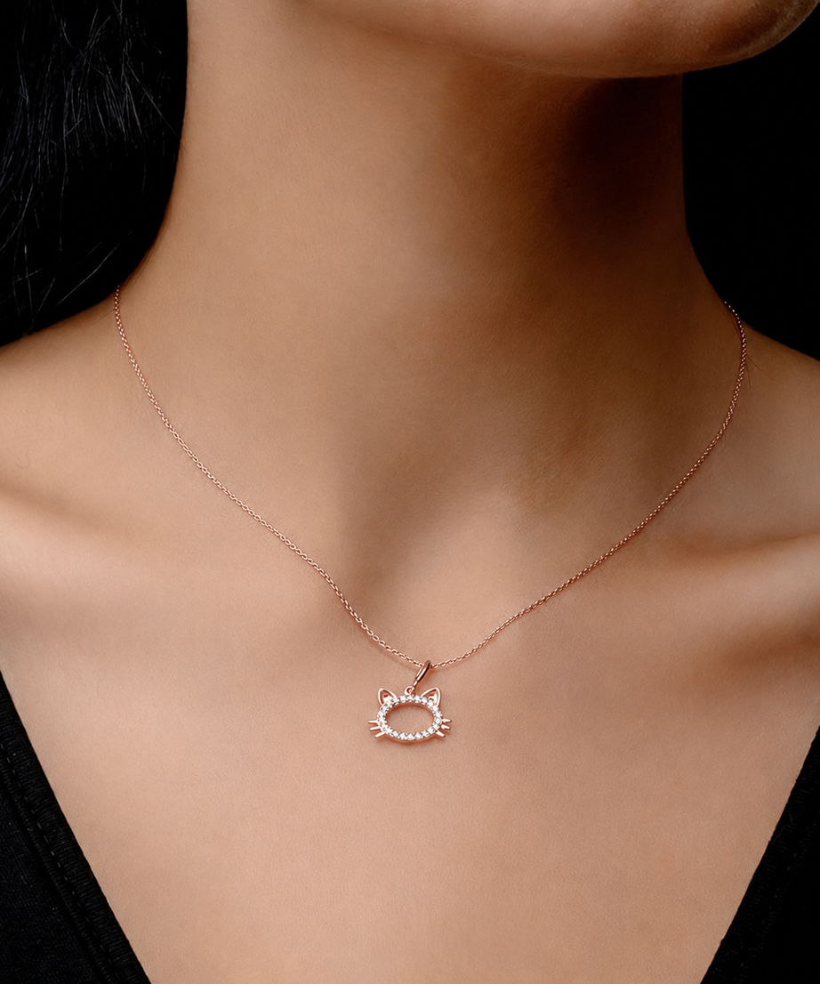 18K Rose Holo Cat Face For Kids Diamond Necklace - S-P475S