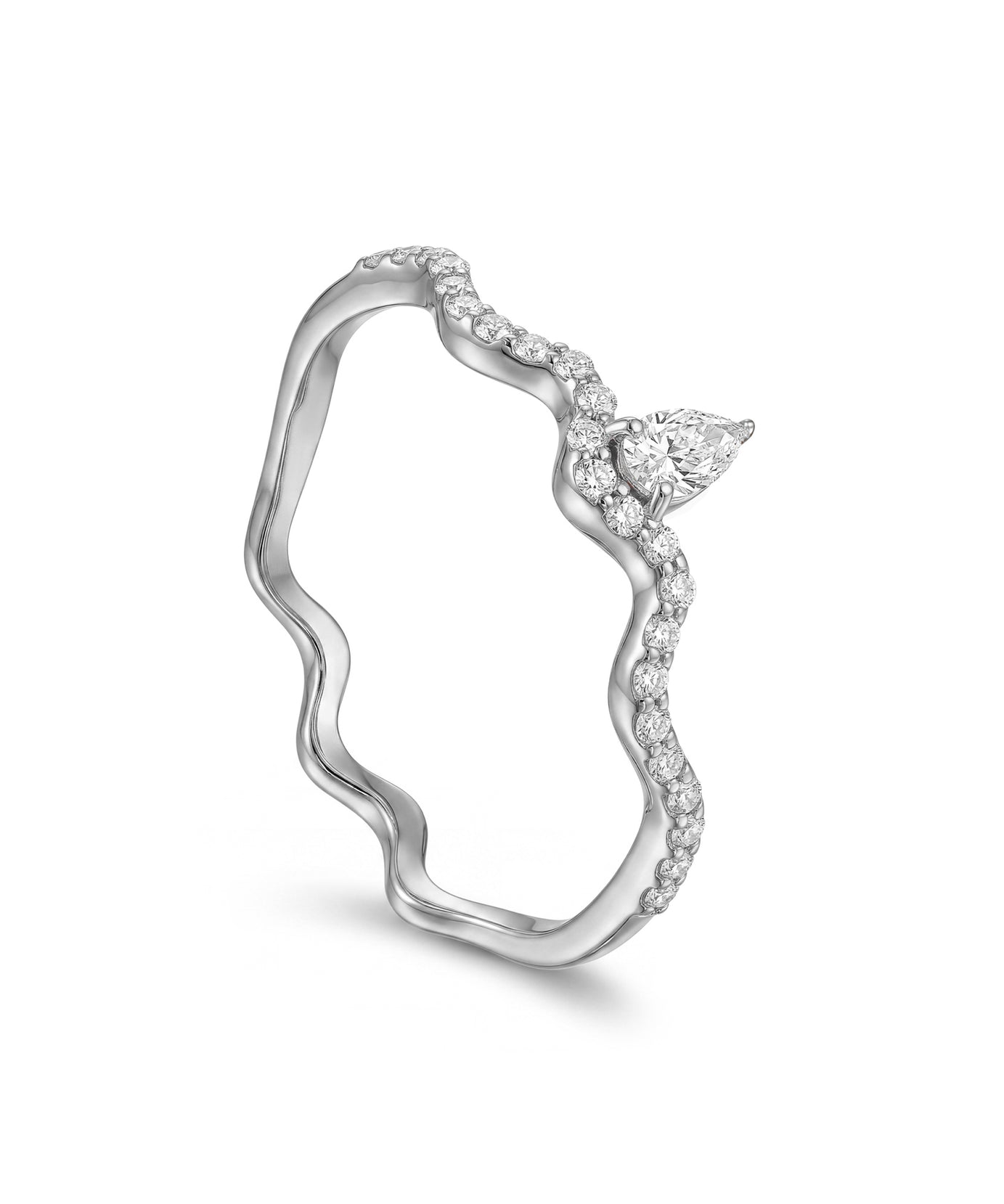 18K White Gold Pear Diamond Ring With Wavy Design - S-R586X