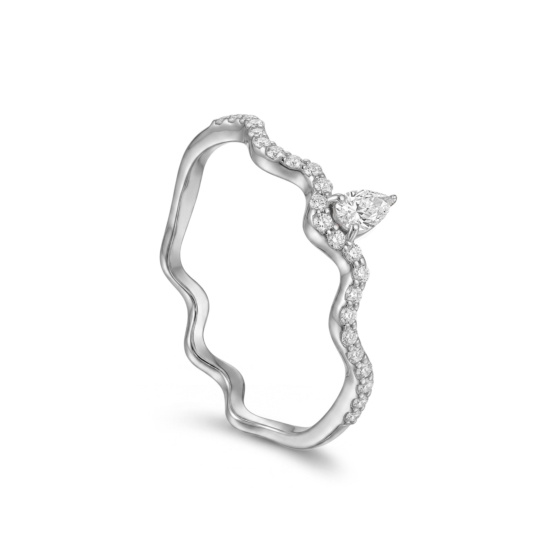18K White Gold Pear Diamond Ring With Wavy Design - S-R586X
