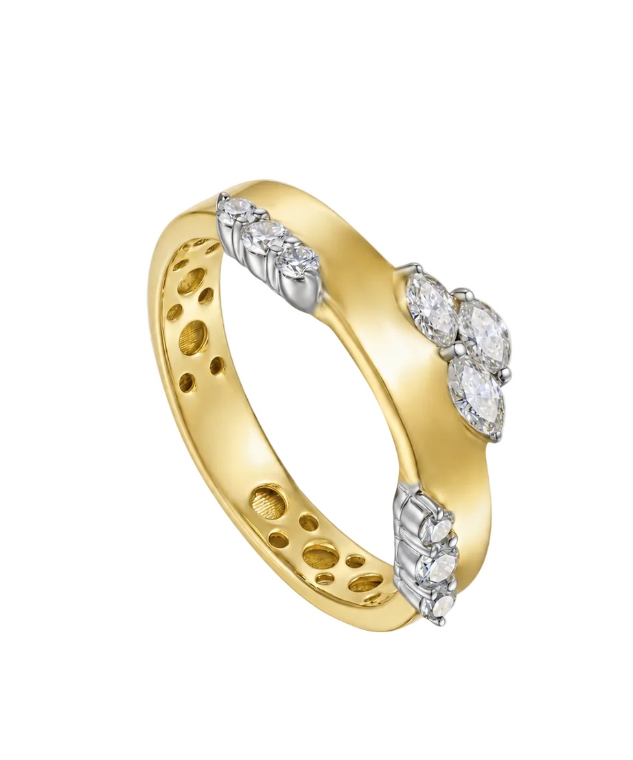 18K Yellow Gold Ring With Brilliant Marquise Diamonds - S-R609X