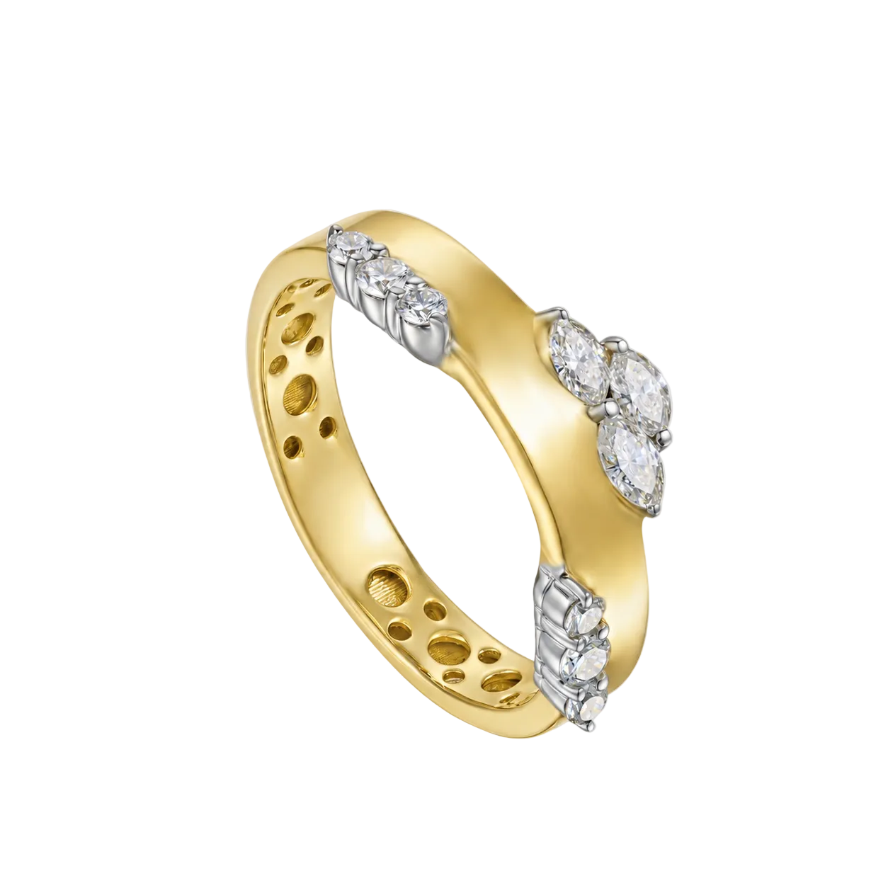 18K Yellow Gold Ring With Brilliant Marquise Diamonds - S-R609X