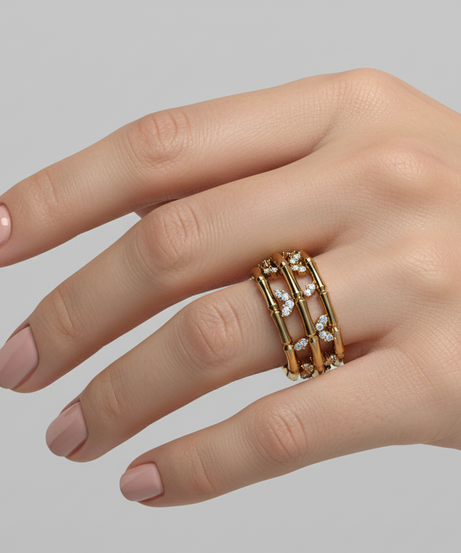 18k-yellow-gold-triple-layer-bamboo-ring-with-leafy-marquise-diamond-s-r377sc-Siran-by-iram-jewelry