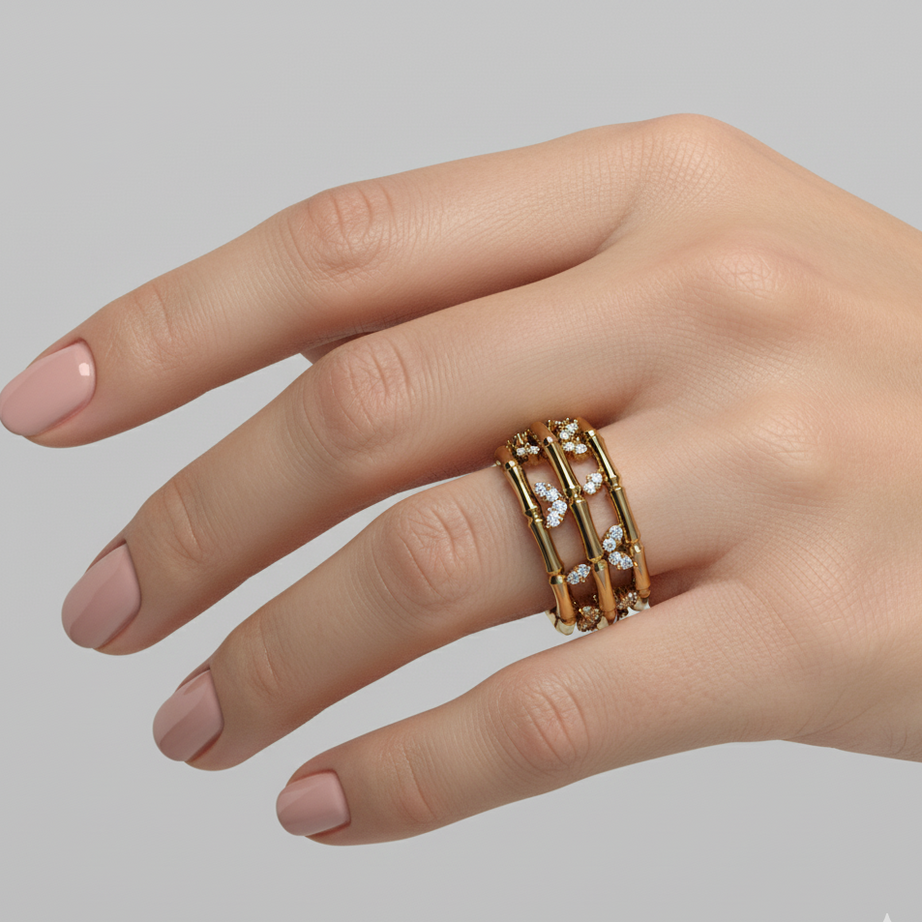 18k-yellow-gold-triple-layer-bamboo-ring-with-leafy-marquise-diamond-s-r377sc-Siran-by-iram-jewelry