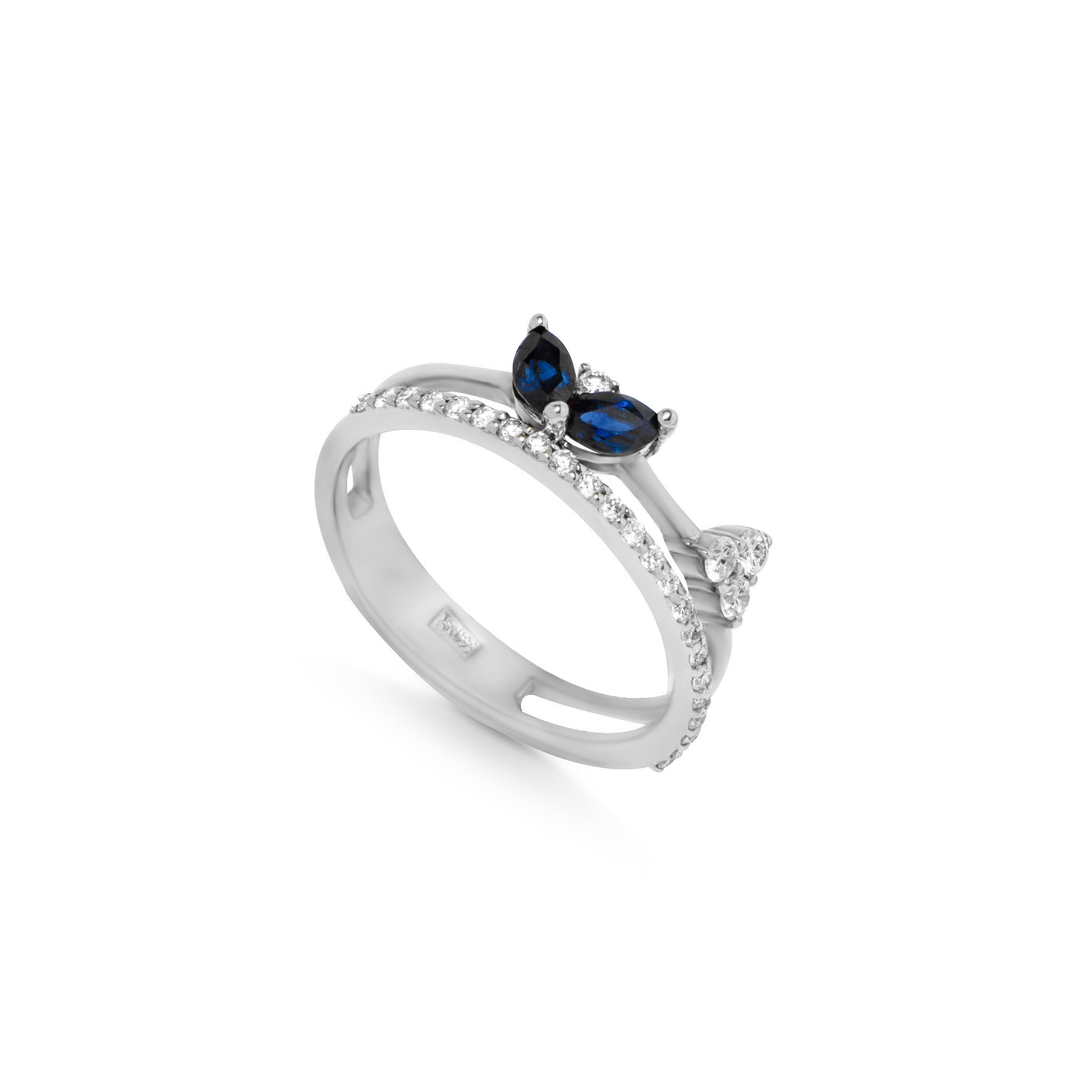 Double layer Diamond Ring with sapphire stones in 18k White Gold - S-R92